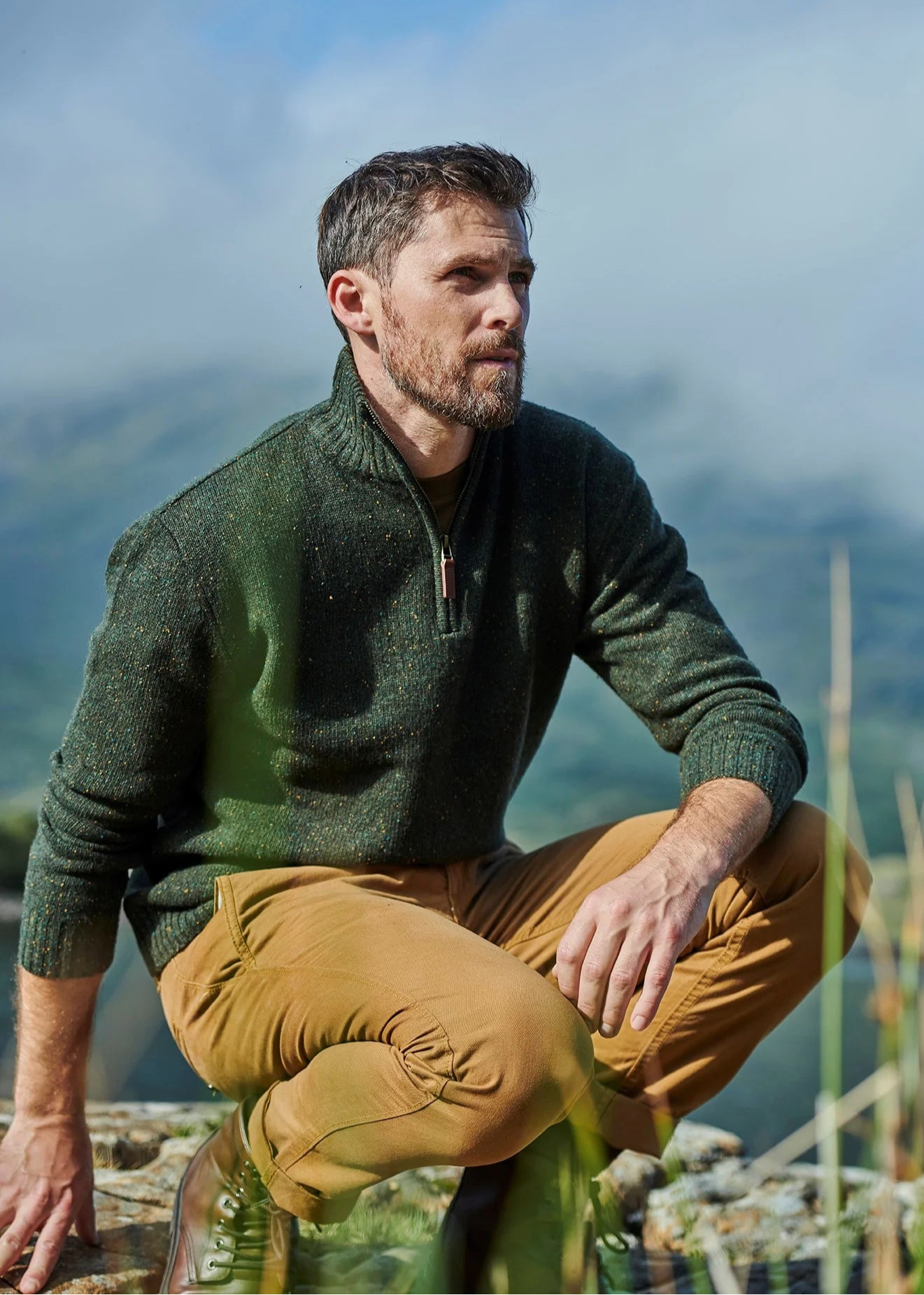 Aran Troyer Zip Sweater for Men - Cozy Green Wool Pullover | Perfect for Winter Outdoor Activities & Casual Wear
