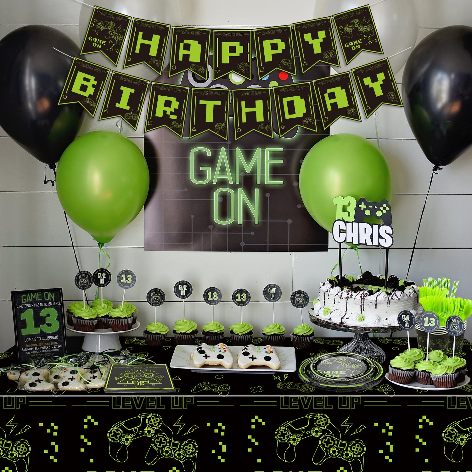162Pcs Green Video Game Party Decorations Set - Includes Game On Plates, Napkins, Cups & Birthday Banner - Perfect for Boys Gaming Birthday Party & Level Up Theme - Serves 20 Guests - Ideal for Gaming Themed Birthday Parties, Game Night Decorations & Esports Events