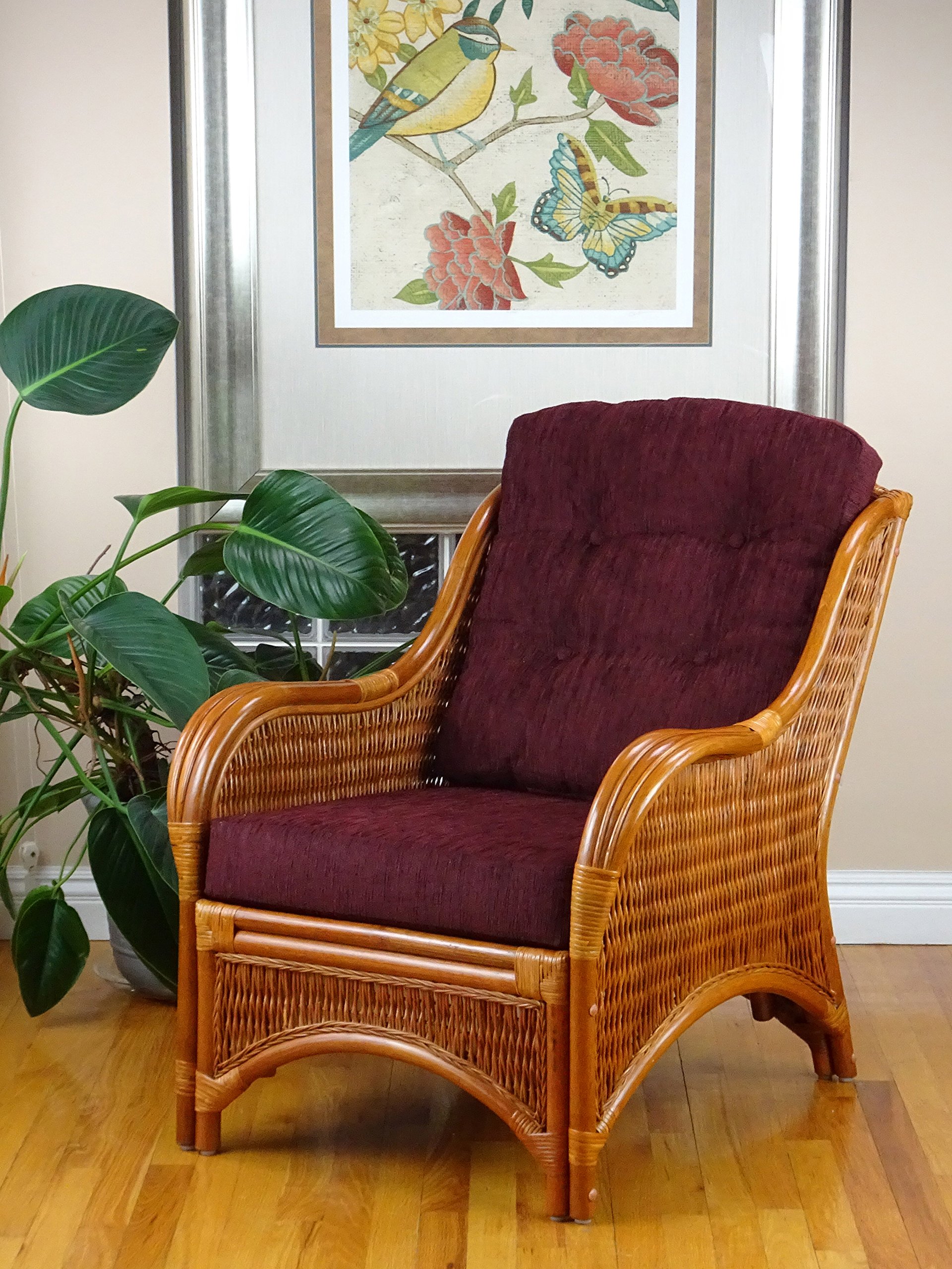 Handmade ECO Natural Rattan Wicker Lounge Jam Armchair with Dark Brown Cushion in Cognac - Perfect for Living Room, Patio, or Sunroom Relaxation