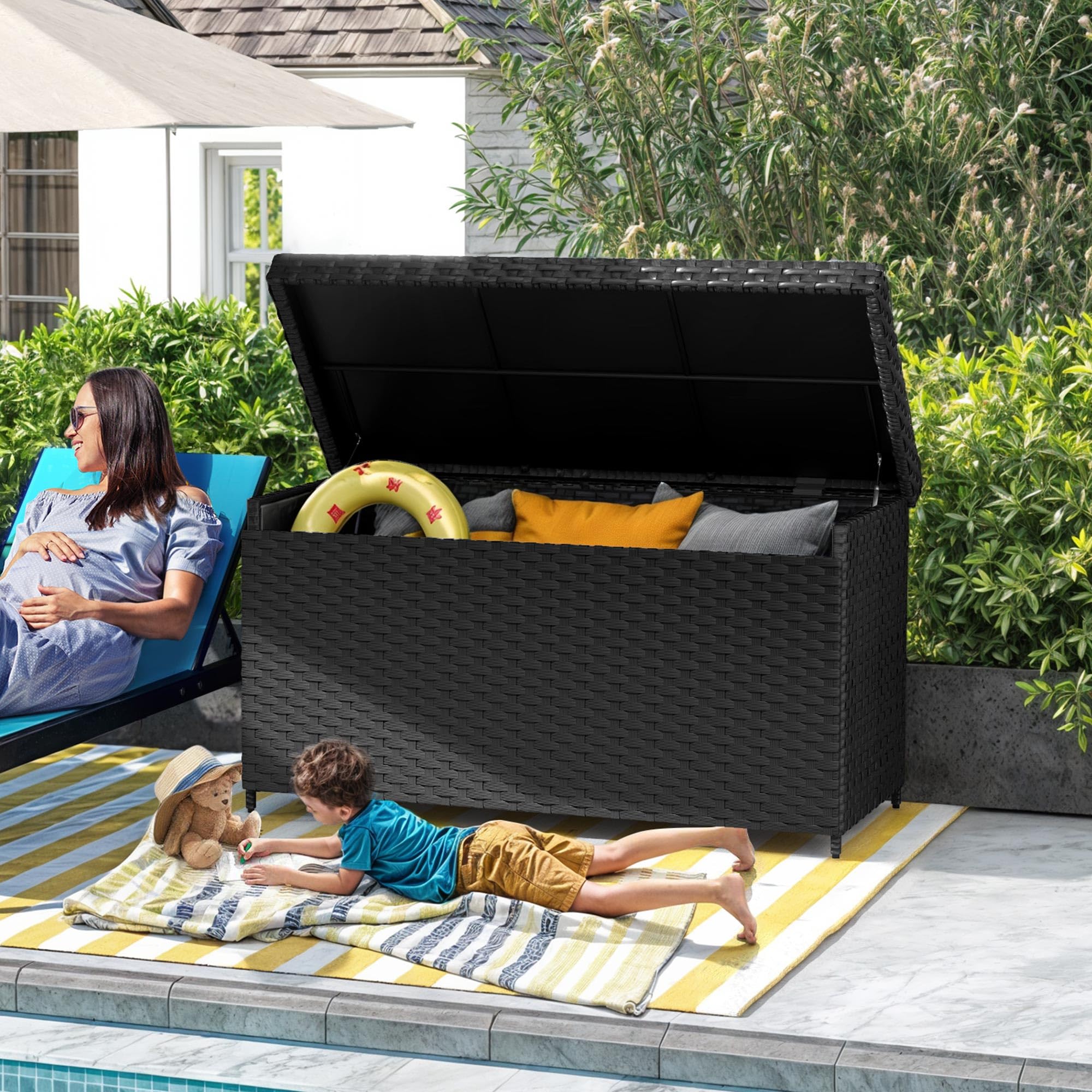 DWVO 170 Gallon Outdoor Storage Box - Weatherproof Wicker Deck Box with Lockable Lid - Large Patio Furniture Storage Container for Cushions, Pool Toys & Garden Tools - Perfect for Backyard, Deck & Poolside Organization (Black)