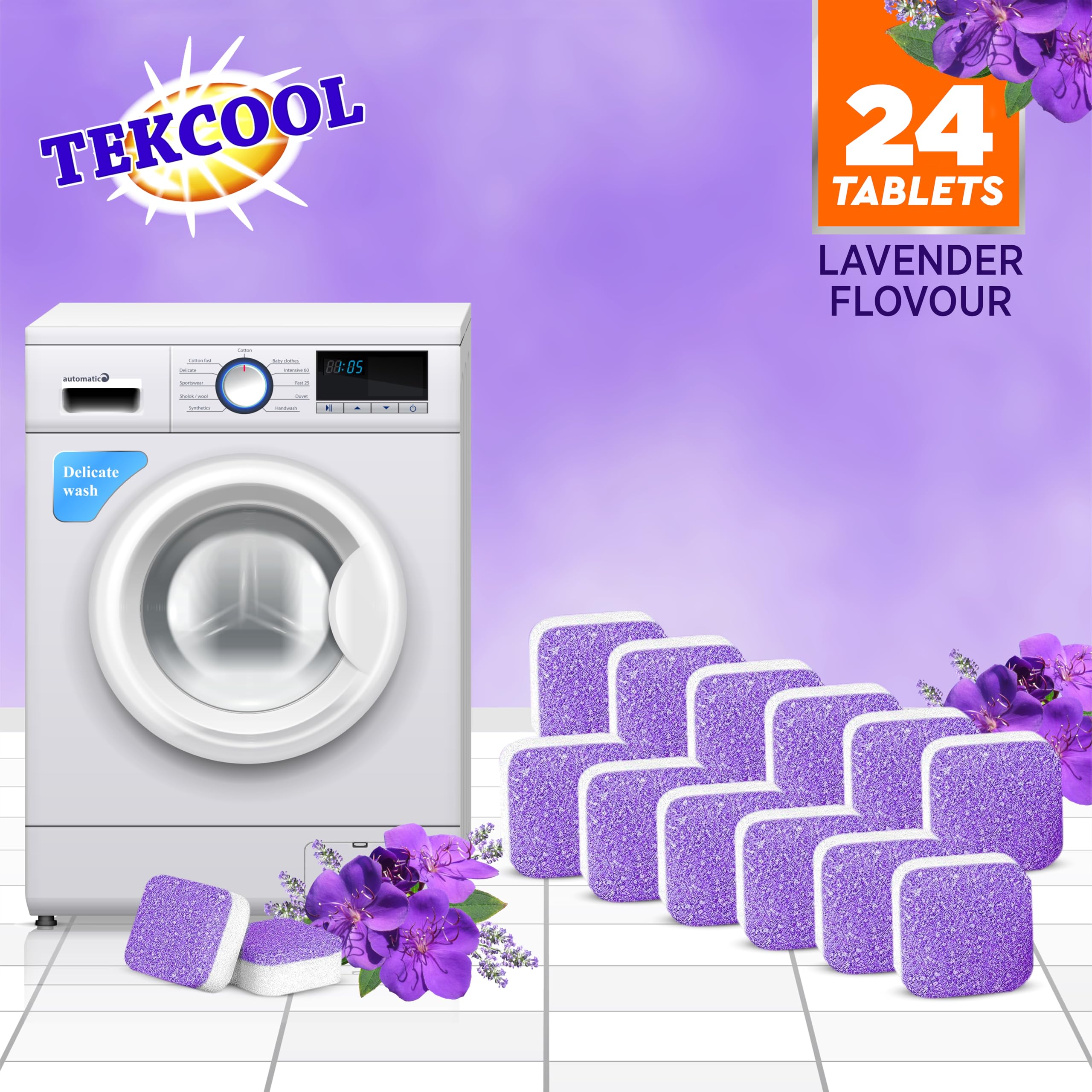 TEKCOOL Washing Machine Cleaner Tablets - 24 Pack Lavi Lavender Scented Descaling Powder for Deep Cleaning Front & Top Load Washers | Removes Odor, Mold & Residue | Ideal for Laundry Day, Home Cleaning & Appliance Maintenance