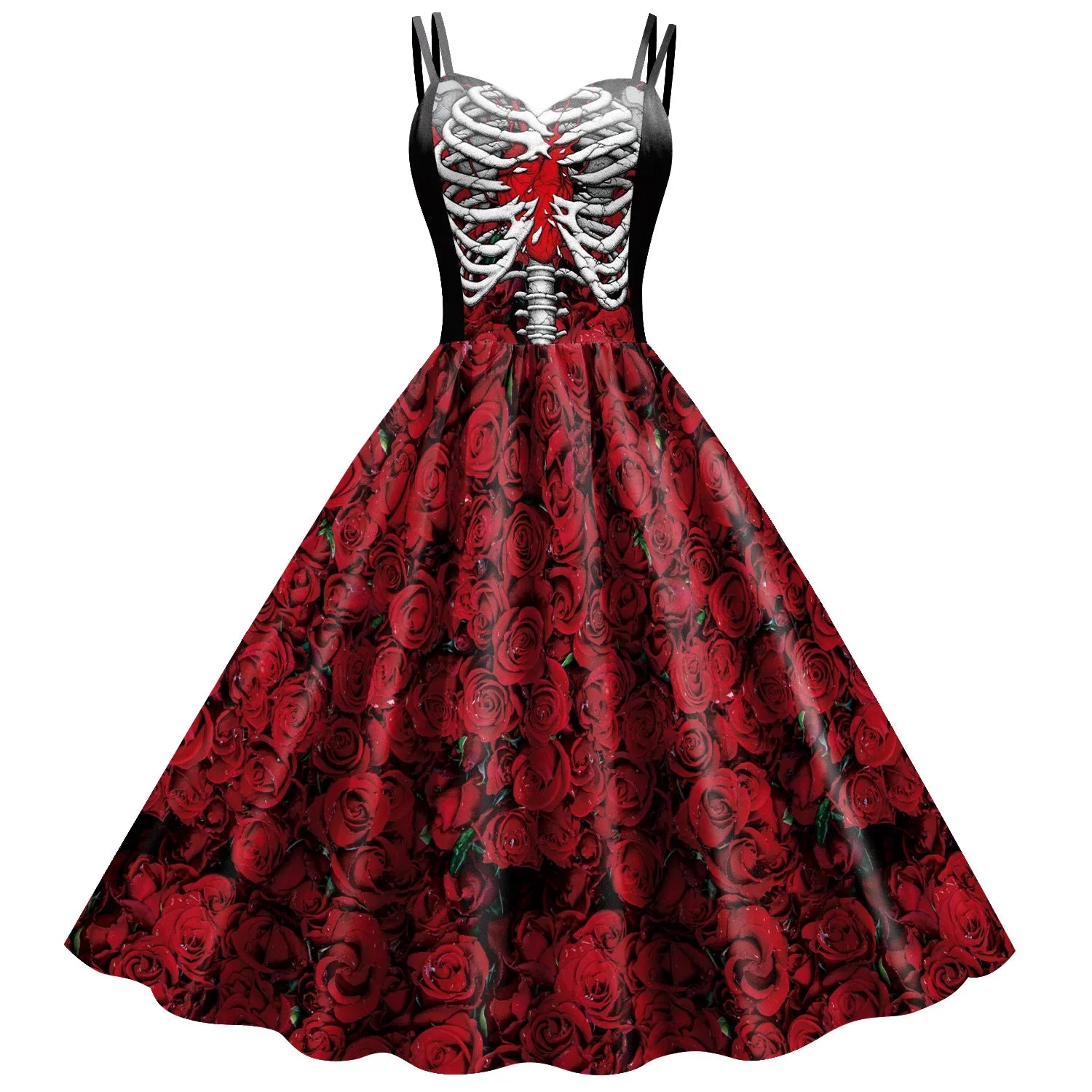 Gothic Skeleton Halloween Dress for Women - Elegant Black Rockabilly Costume for Halloween Parties, Carnival, Cosplay & Horror Themed Events