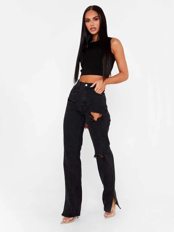 Women's Straight Ripped Jeans with Ankle Slits - Trendy Distressed Denim Pants for Casual Outfits & Streetwear Fashion