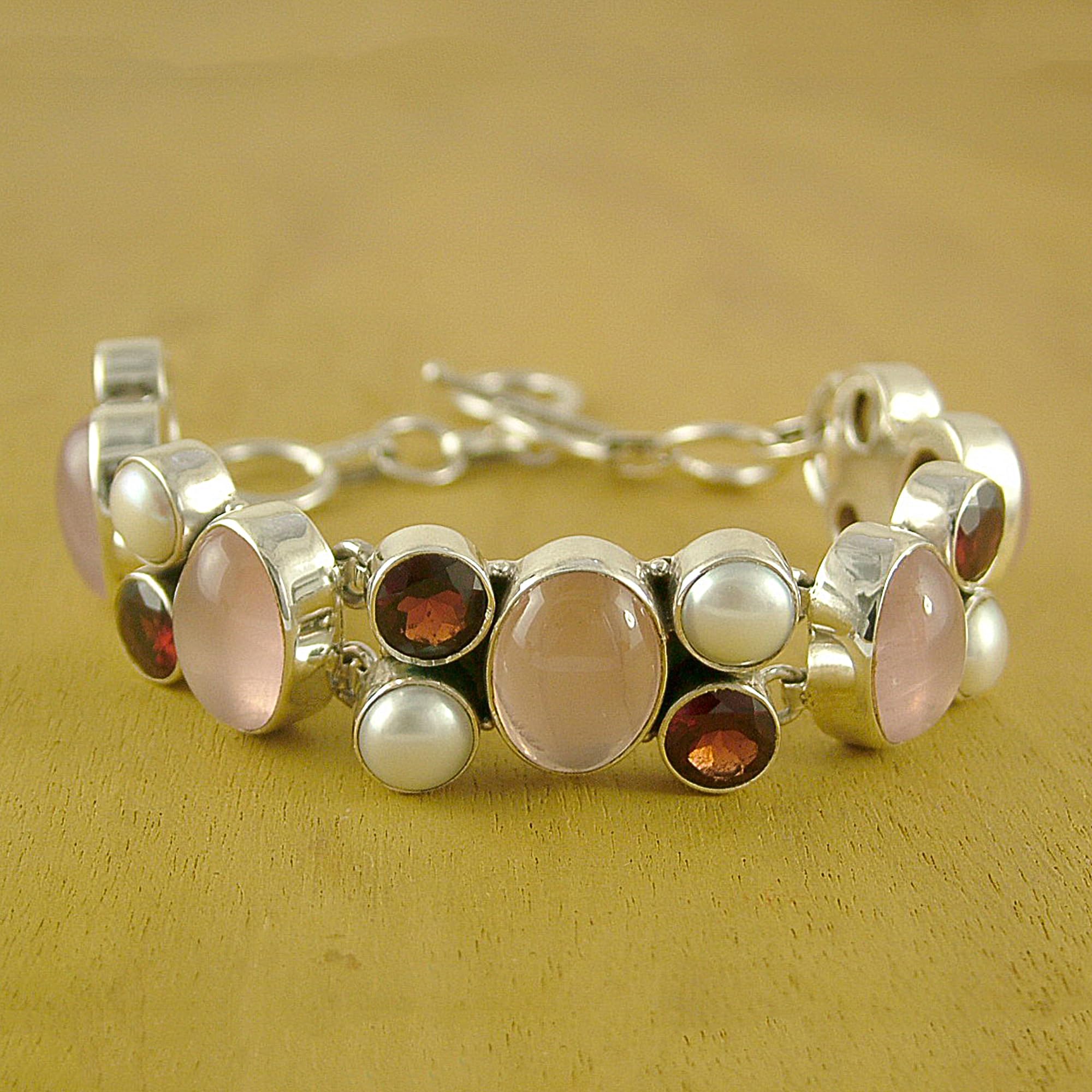 NOVICA Handmade Pearl & Rose Quartz Charm Bracelet with Garnet - Sterling Silver Birthstone Jewelry for Women [7-8.25