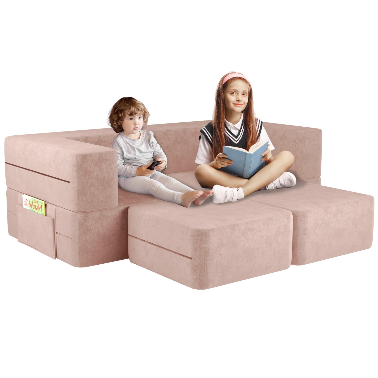 Modular Toddler Couch with Ottoman - Foldable Kids Loveseat & Lounge Chair | Washable Durable Covers | Pink Children's Sofa for Playroom, Nursery, or Living Room