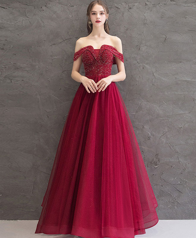 Elegant Burgundy Tulle Off-Shoulder Long Prom Dress for Women - Formal Evening Gown for Homecoming, Wedding Guest, or Special Occasions