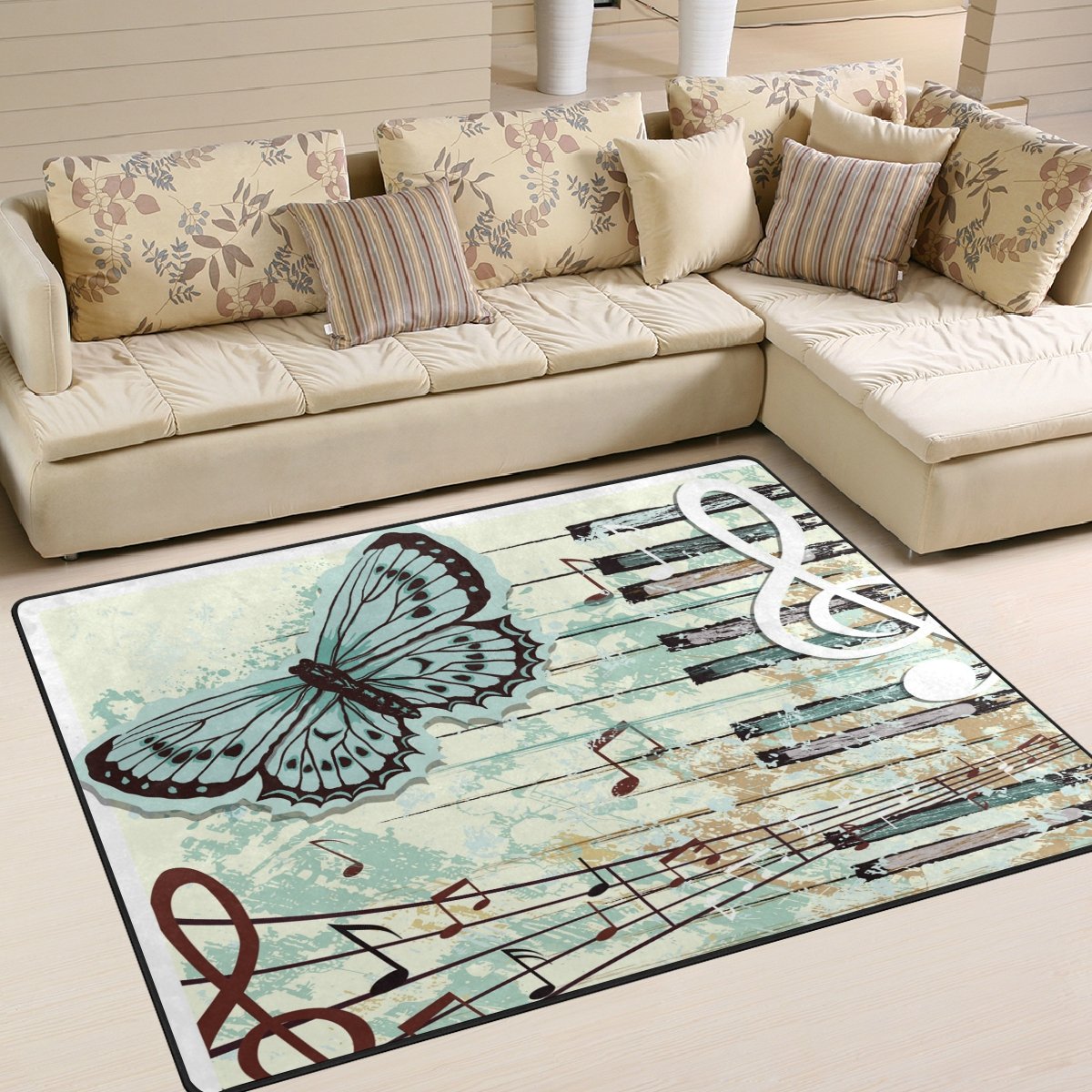 Vintage Piano Music Note Butterfly Area Rug 5'3