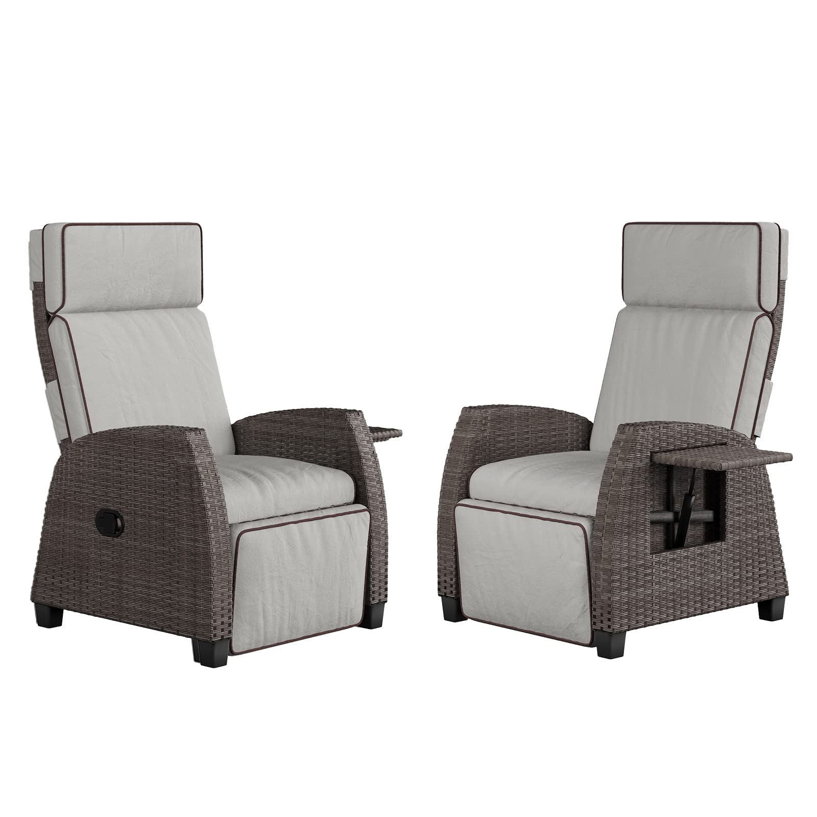 Premium Outdoor Recliner Chairs Set of 2 - All-Weather Wicker Patio Lounge Chairs with Flip-Up Side Tables in Greige - Perfect for Poolside Relaxation, Backyard Lounging, and Patio Decor