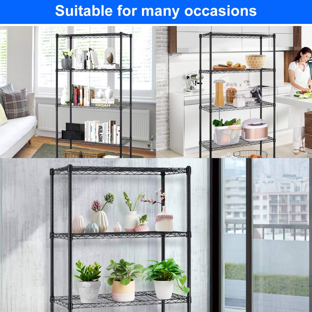 5-Tier Heavy Duty Metal Wire Shelving Unit - 1250Lbs Capacity Adjustable Storage Rack with Leveling Feet for Garage, Kitchen, Commercial Use | Black Standing Shelf for Home Organization & Warehouse Storage