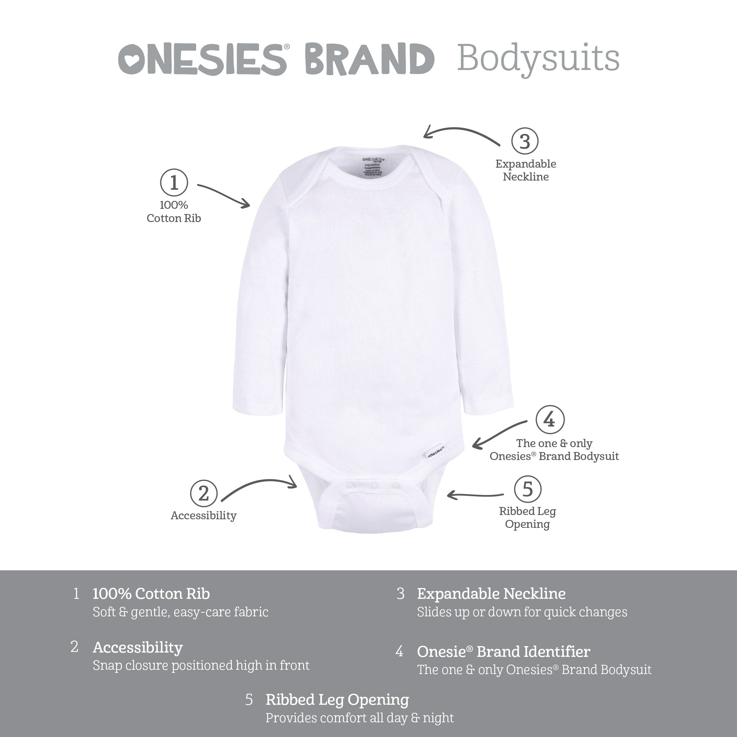 2 Pack Baby Neutral White Long Sleeve Onesies® Bodysuits - Soft Cotton Infant Rompers for Newborns & Toddlers - Perfect for Everyday Wear, Photo Shoots & Special Occasions