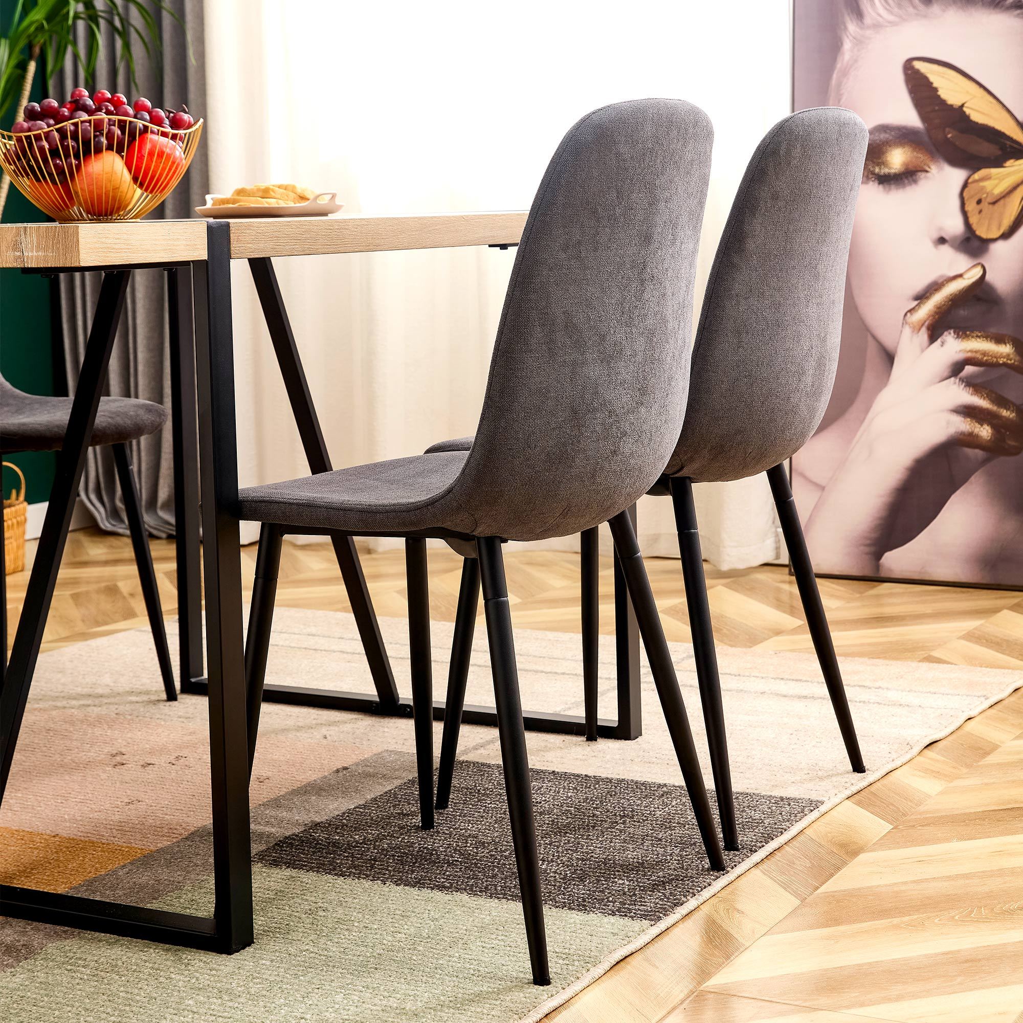 Premium 6-Piece Dark Gray Linen Cotton Dining Chair Set - Comfortable Integrated Seat & Backrest, Modern Home Decor for Kitchen, Dining Room & Office