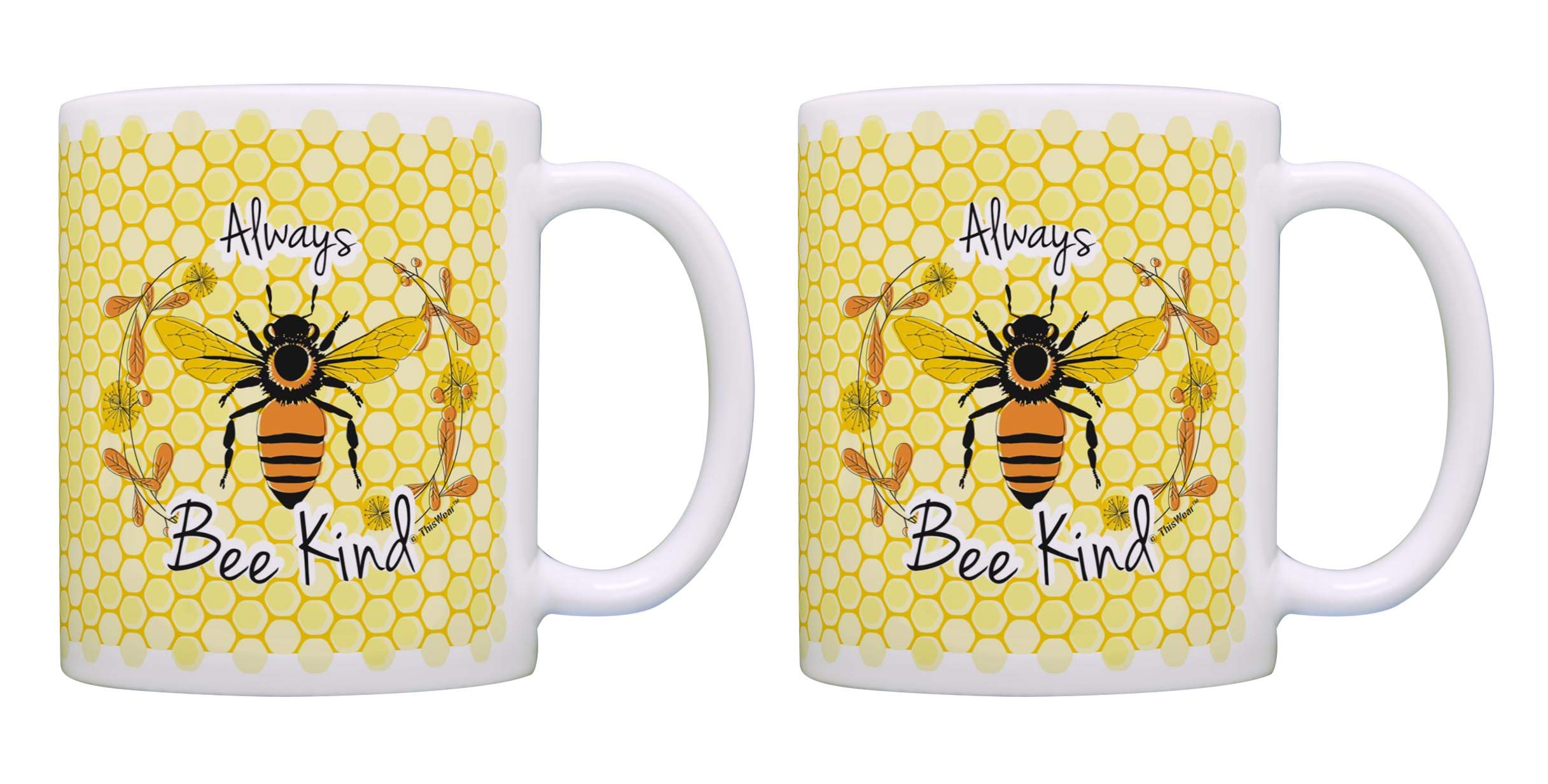 Always Bee Kind Inspirational Coffee Mugs Set of 2 - Funny Quote Ceramic Tea Cups for Coffee Lovers - Perfect for Office Gifts, Housewarming Presents & Teacher Appreciation