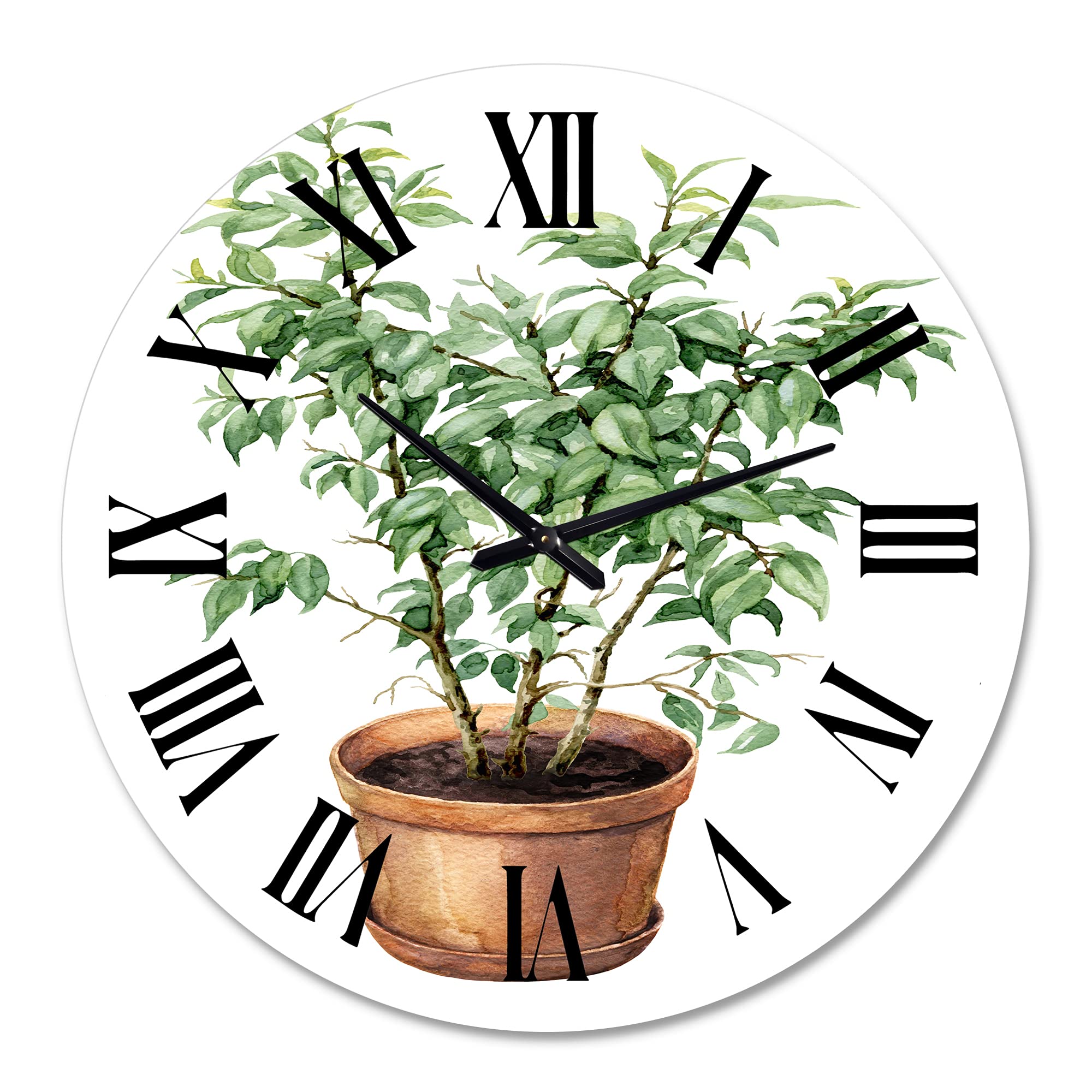 Large Floral & Botanical Wall Clock - Traditional 'Ficus Benjamina in Clay Flowerpot' Design for Home, Office & Living Room Decor | Perfect for Wall Decoration, Gift Idea & Interior Design