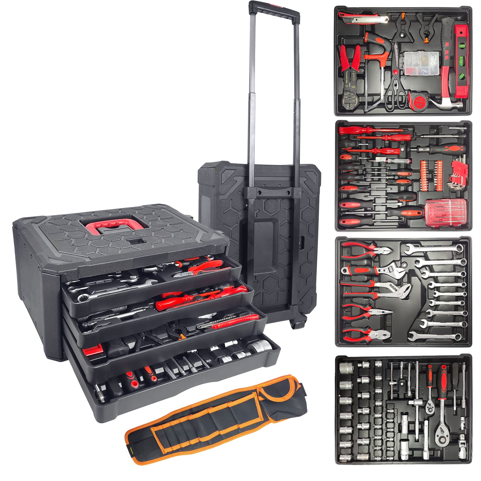 188-Piece Rolling Tool Set with 4-Layer Storage Case & Wheels - Complete Household Tool Kit for DIY, Repairs & Home Improvement - Perfect Gift for Men, Father's Day, Carpenters & Handymen