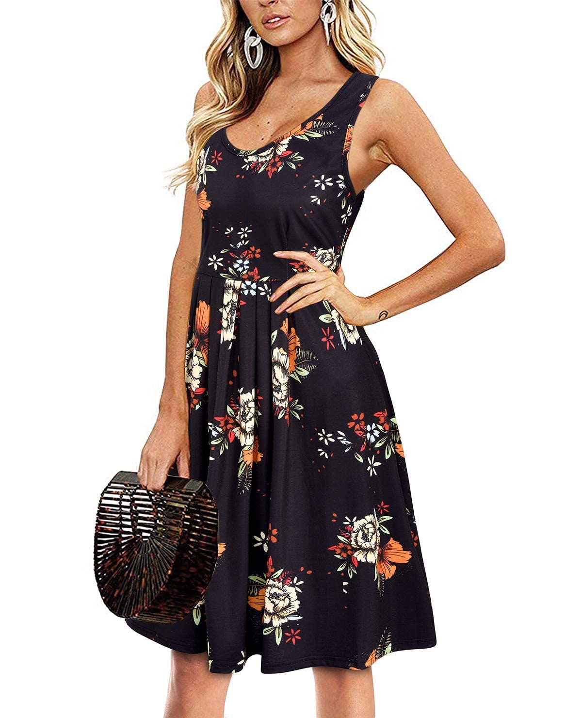 KILIG Women's 2023 Summer Floral Print Pleated Sleeveless Midi Vest Dress - Casual Loose Fit Beach Wedding Party Sundress for Vacation, Outdoor Events & Boho Style Outfits