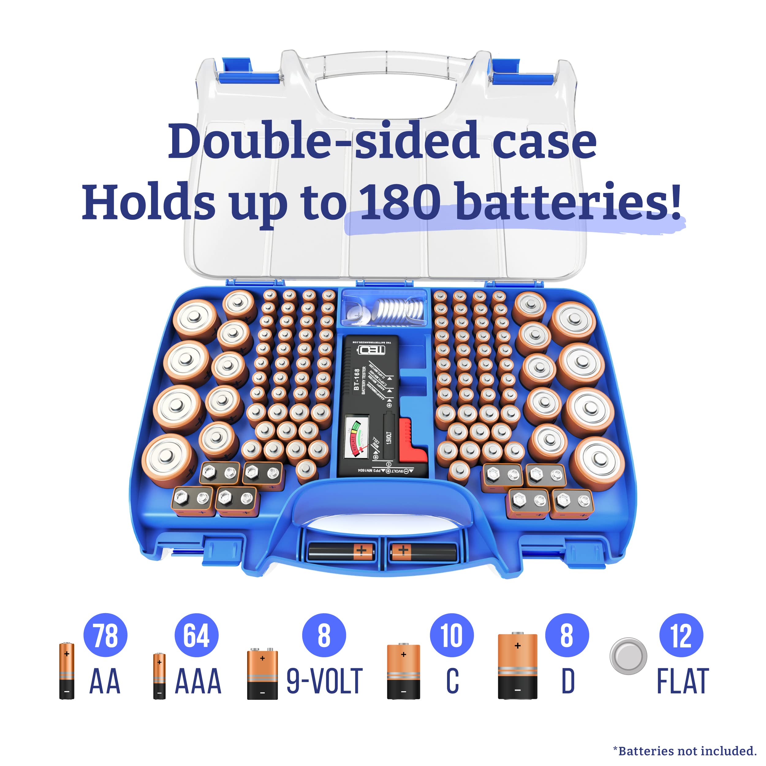 Premium Battery Organizer Storage Case with Hinged Clear Cover & Removable Battery Tester - Holds 180 AA AAA C D 9V Batteries - Durable Plastic Case for Home, Office, Emergency Kits & RV Travel Accessories (Blue)