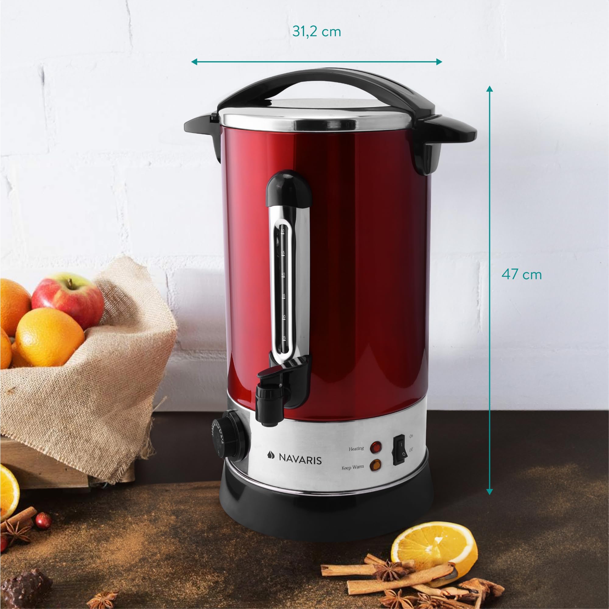 Navaris 10L Electric Hot Water & Wine Dispenser with Tap - Perfect for Mulled Wine, Coffee & Hot Beverages - Ideal for Parties, Cafés & Home Use - Red