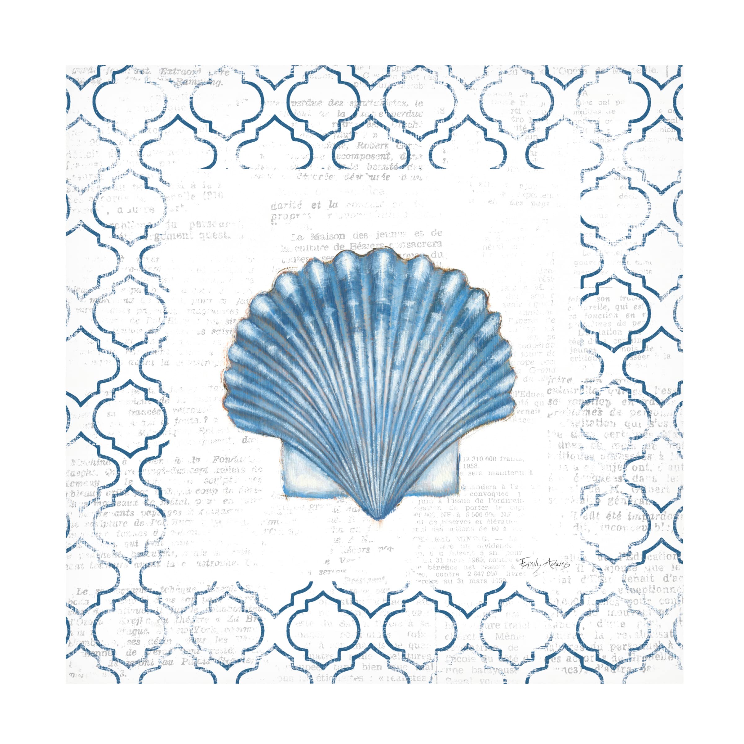 Emily Adams Navy Scallop Shell on Newsprint Canvas Art Print - Coastal Beach House Wall Decor for Living Room, Bedroom & Office