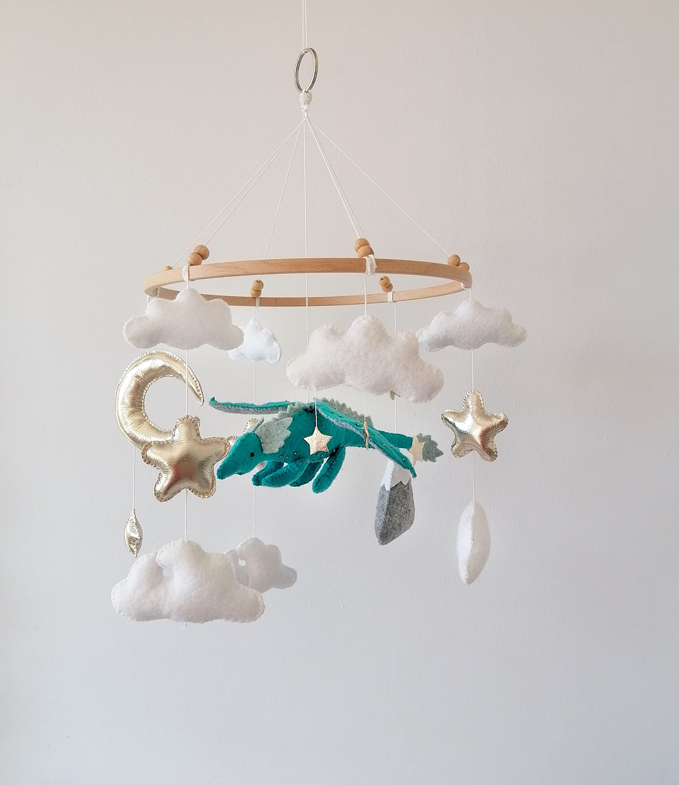 Fantasy Dragon Baby Mobile - Gold Star & Moon Crib Mobile with Gray Mountains Design | Perfect Nursery Decor & Baby Shower Gift for Newborns | Ideal for Soothing and Entertaining Babies in Cribs
