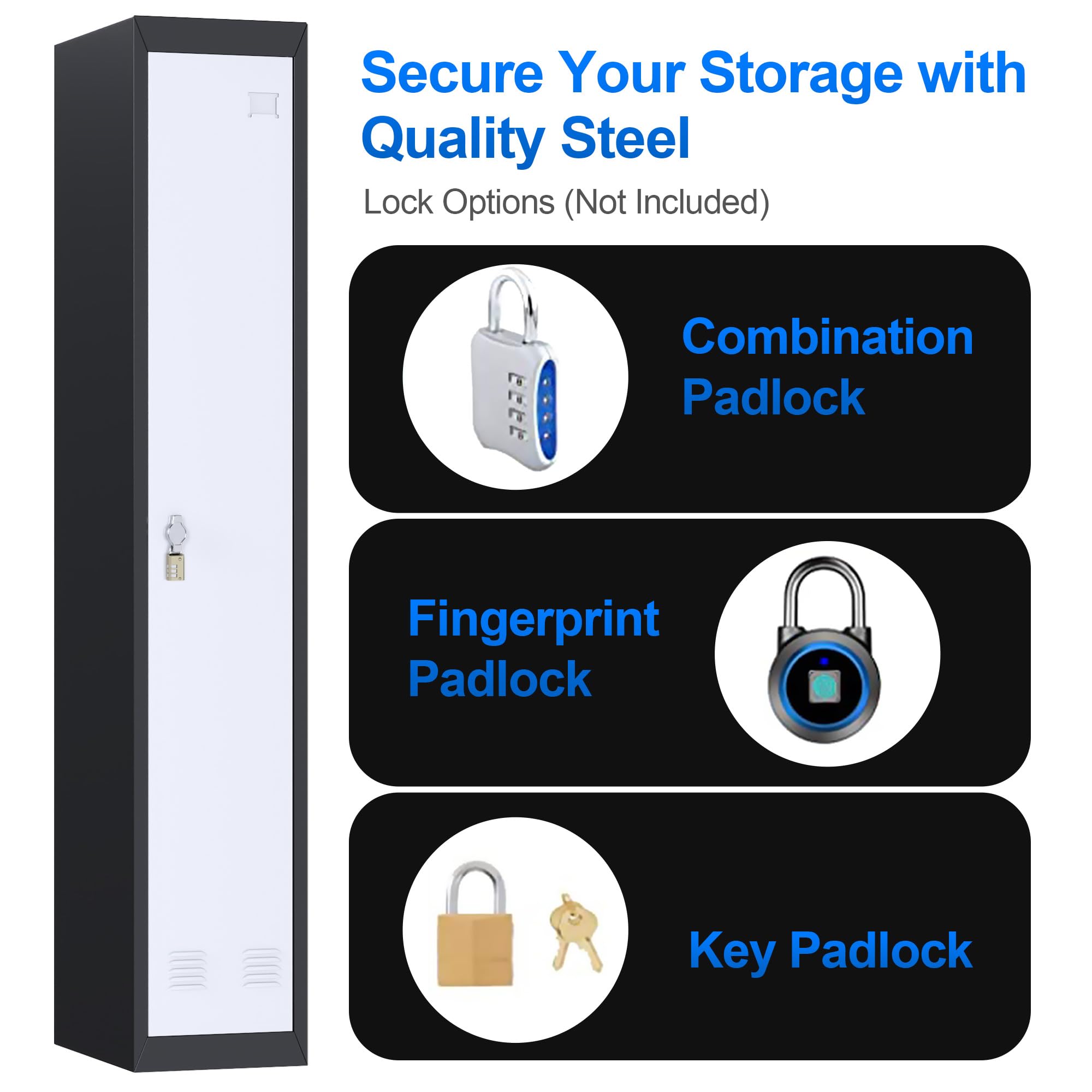 Steel Storage Locker with Lockable Door & Hanging Rod - Metal Cabinet for Clothes, School, Gym, Office & Home Use - Durable Grey & Black Employee & Kids Room Organizer - Perfect for Staff Lockers, Sports Gear & Seasonal Clothing Storage
