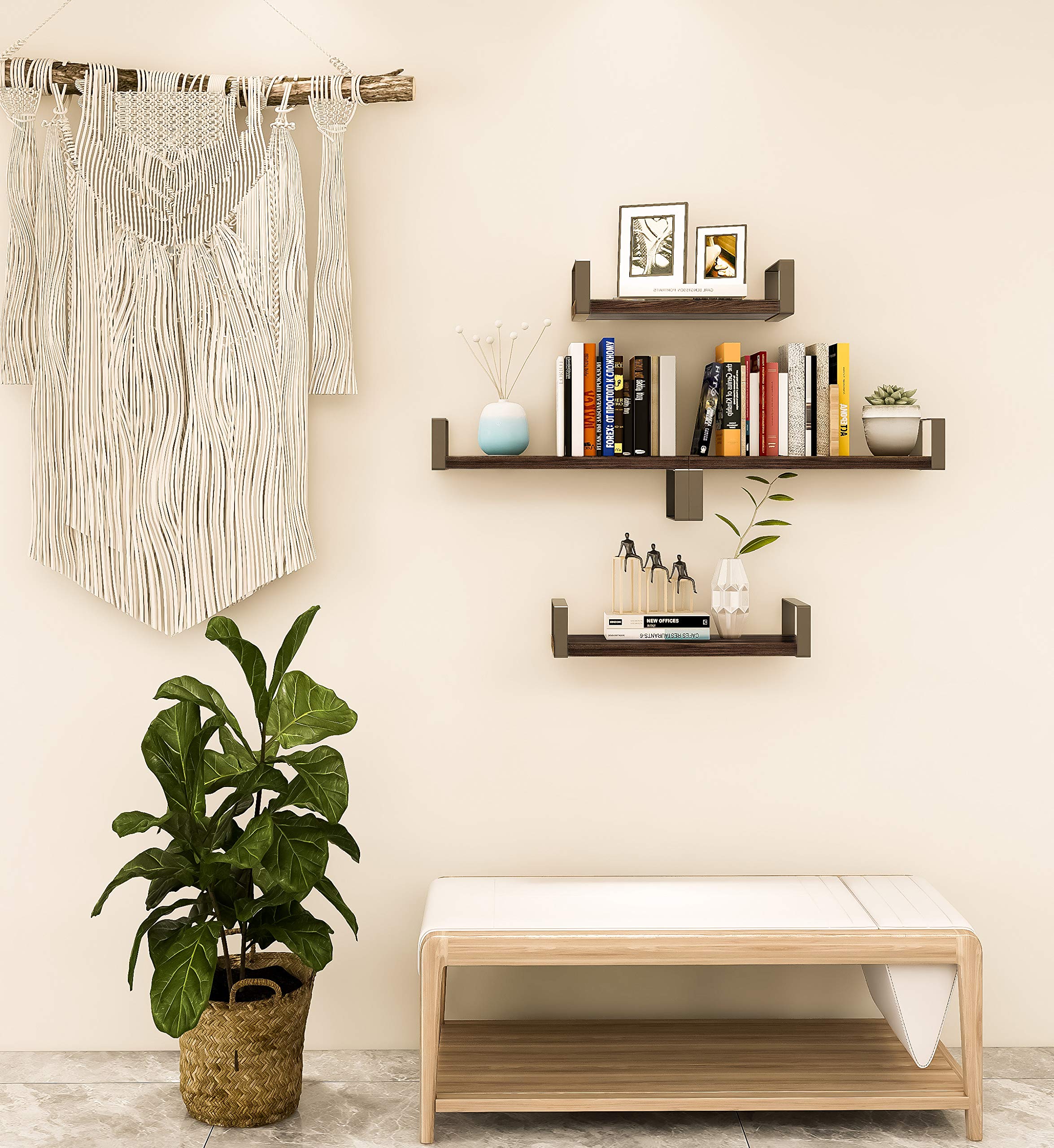 Wood Floating Shelves Set of 3 - Rustic Wall Decor for Bathroom, Bedroom & Living Room