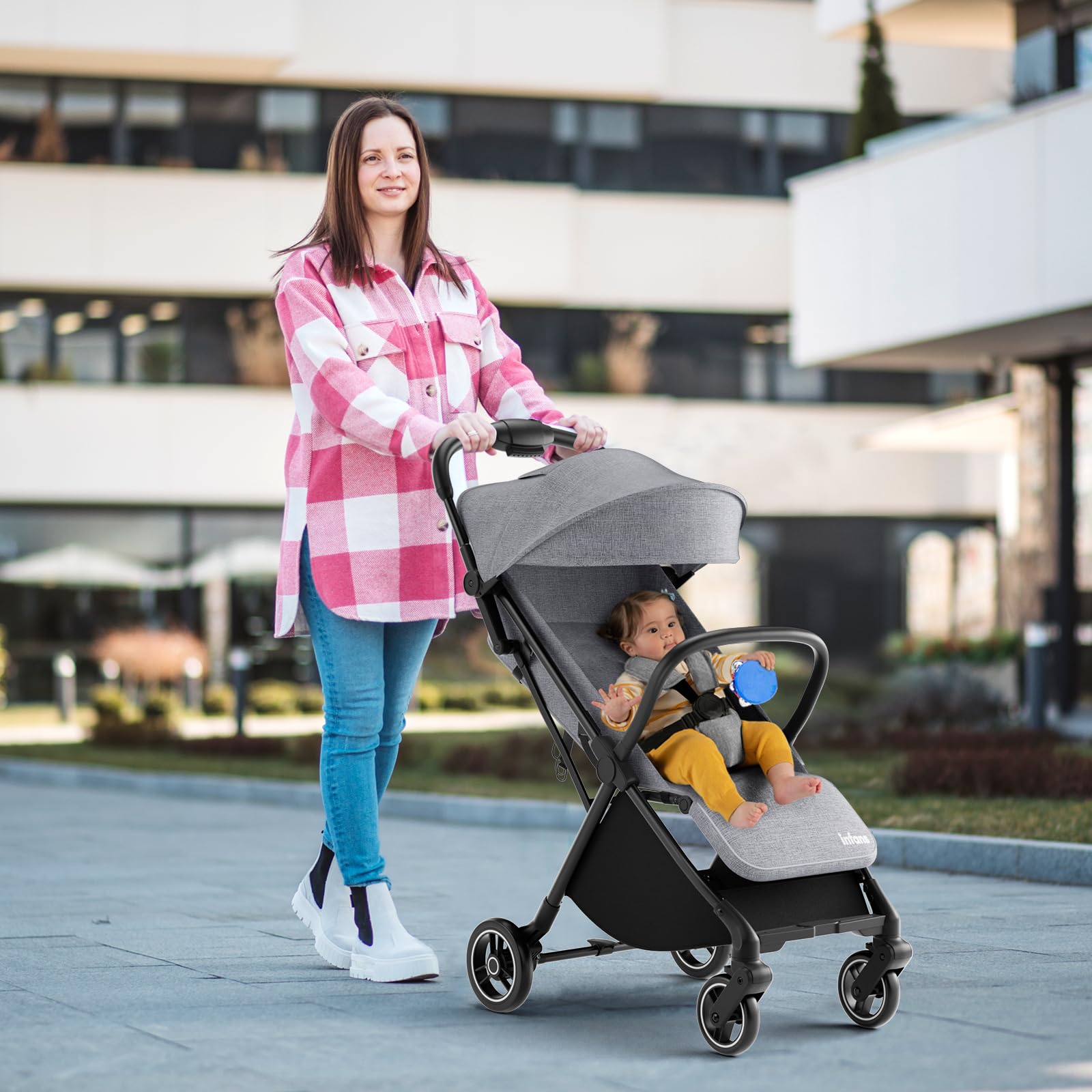 INFANS Lightweight Baby Stroller - Compact Fold Travel Stroller for Airplane, One-Hand Gravity Fold with Near Flat Recline, Foldable Toddler Stroller for Infants 0-36 Months - Perfect for Travel, Shopping & Daily Walks