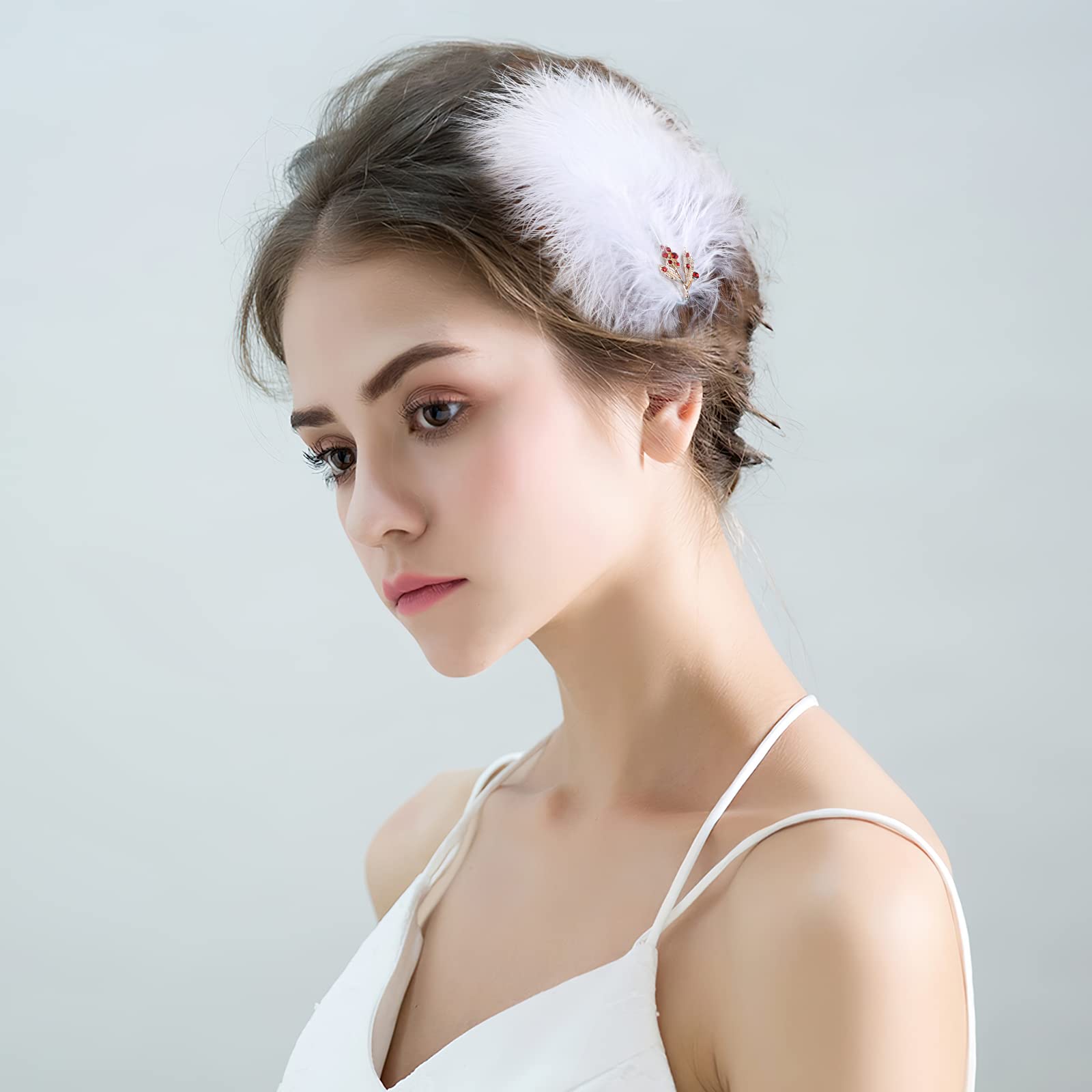 MWOOT 4Pcs White Feather Fascinators Hair Clips - Handmade Rhinestone Hair Accessories for Women & Girls | Wedding, Prom, Party, Cosplay Hairpins & Barrettes