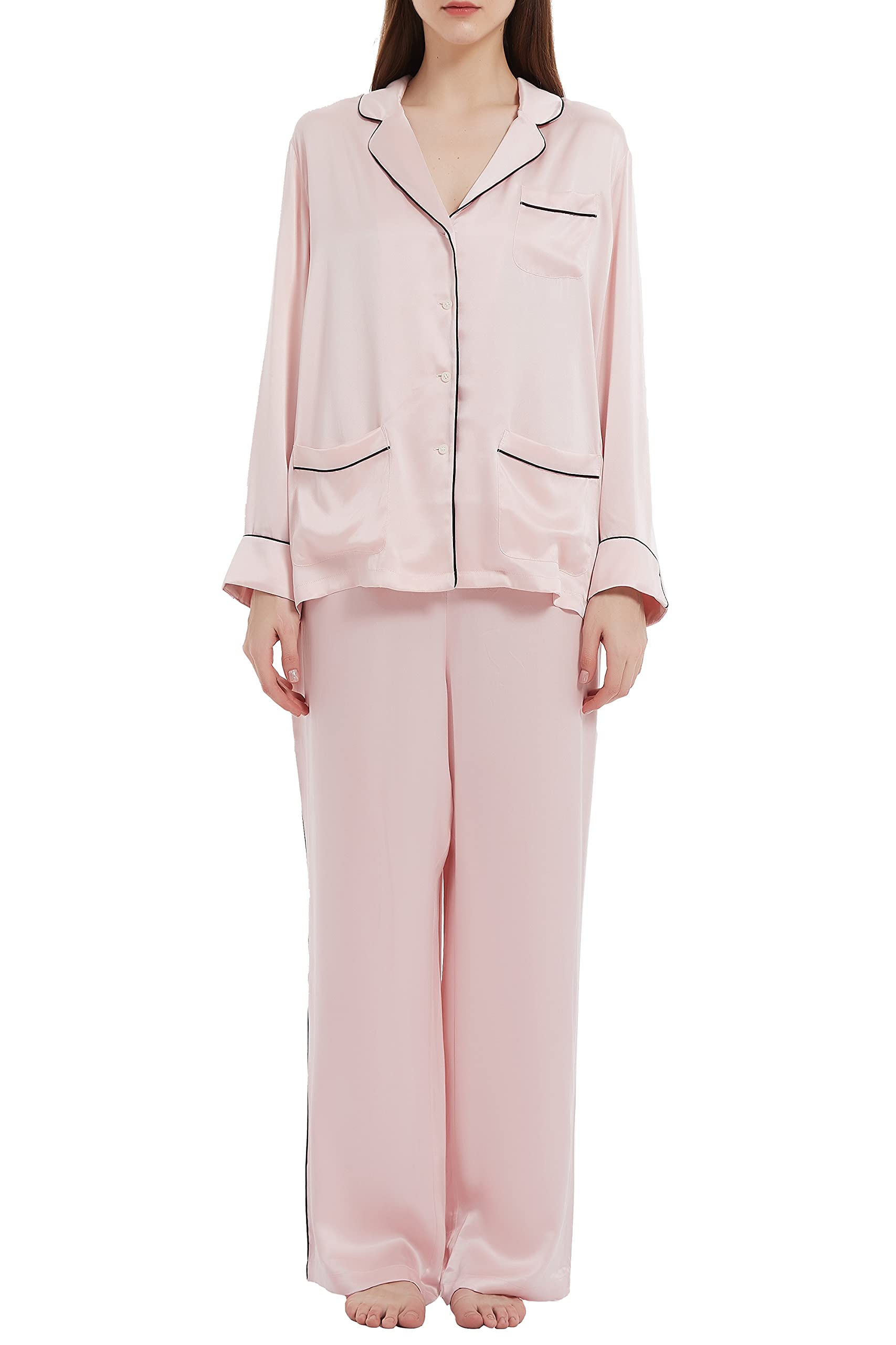 100% Silk Pajama Set for Women - Long Sleeve Button Down Top & Pants - Soft Luxury Nightwear & Loungewear in Pink - Perfect for Sleepwear, Spa Days & Relaxing at Home