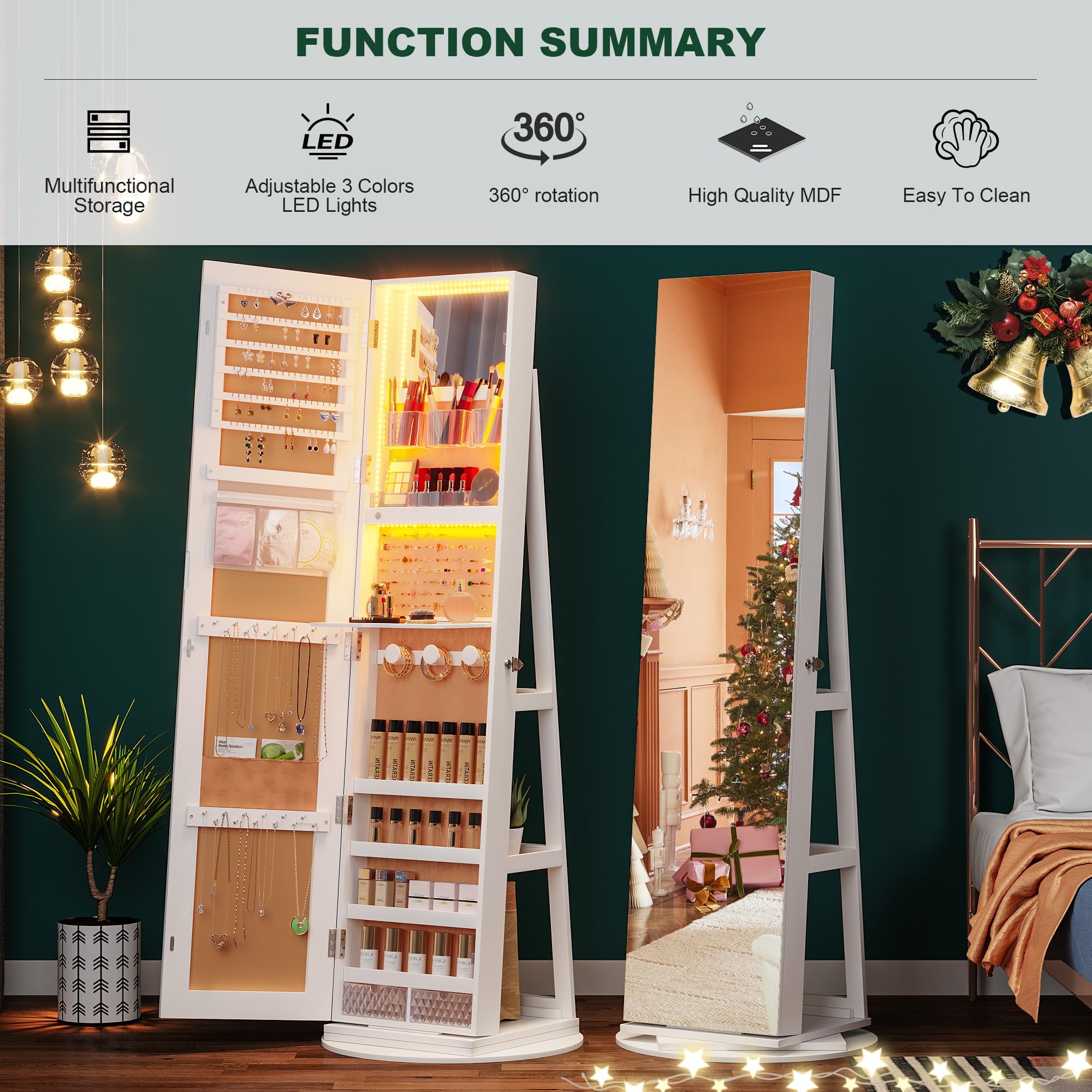 HNEBC 360° Swivel Jewelry Cabinet with LED Lights - Standing Jewelry Armoire Organizer with Full Length Mirror & Lockable Storage - Rotatable Jewelry Mirror for Bedroom, Closet, or Dressing Room (White)