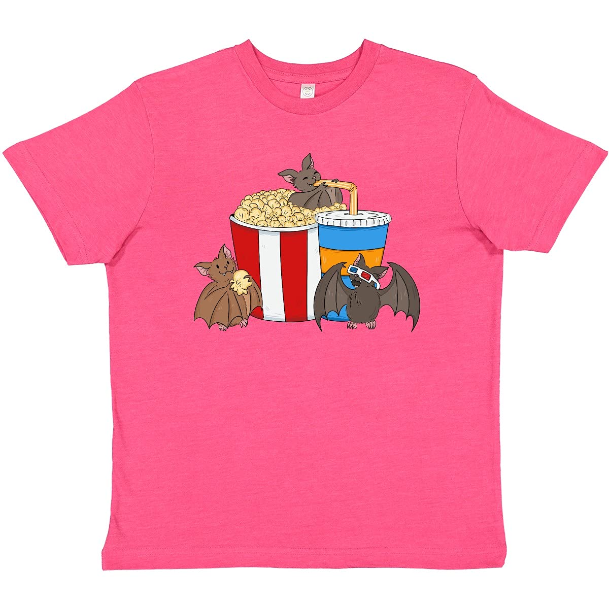 Inktastic Movie Loving Bats with Popcorn and Soda Youth T-Shirt - Cute Bat Design for Kids & Teens - Perfect for Movie Nights, Halloween Costumes & Casual Wear