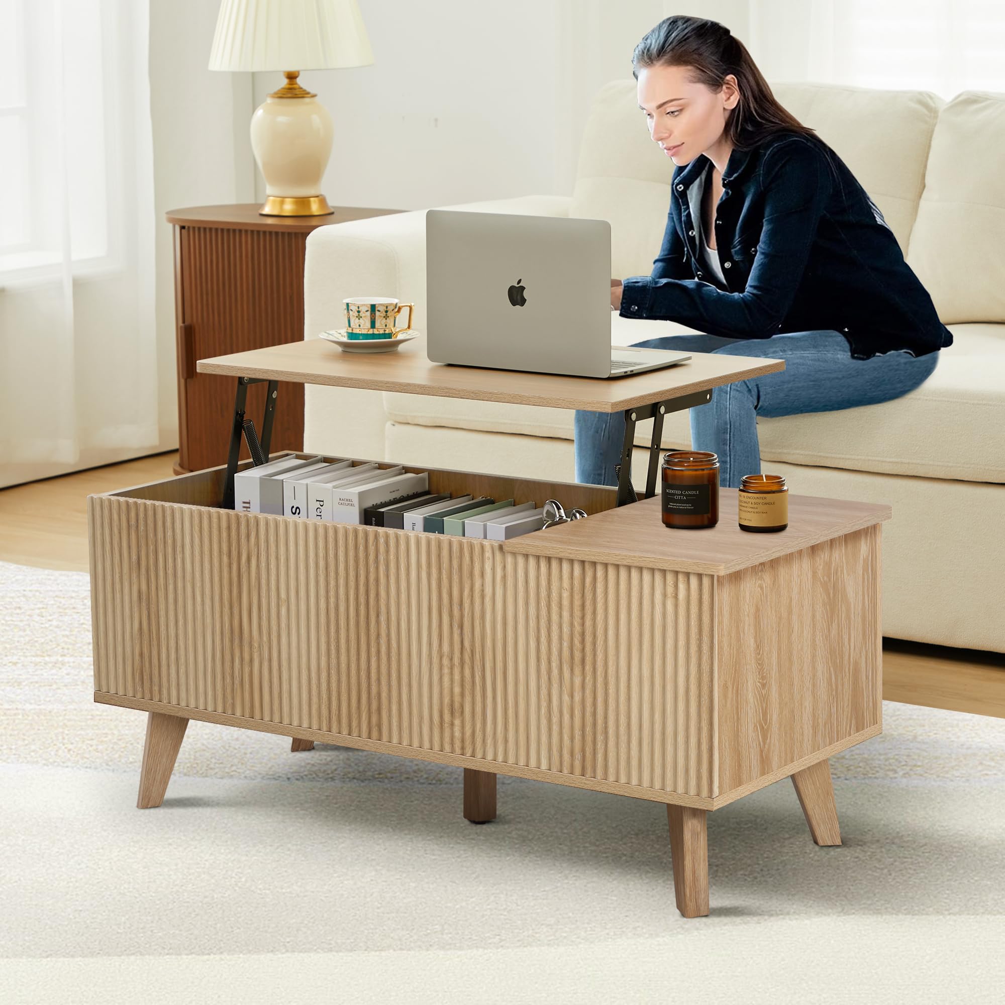 Modern Lift-Top Coffee Table with Hidden Storage - Wooden Fluted Design for Living Room & Office