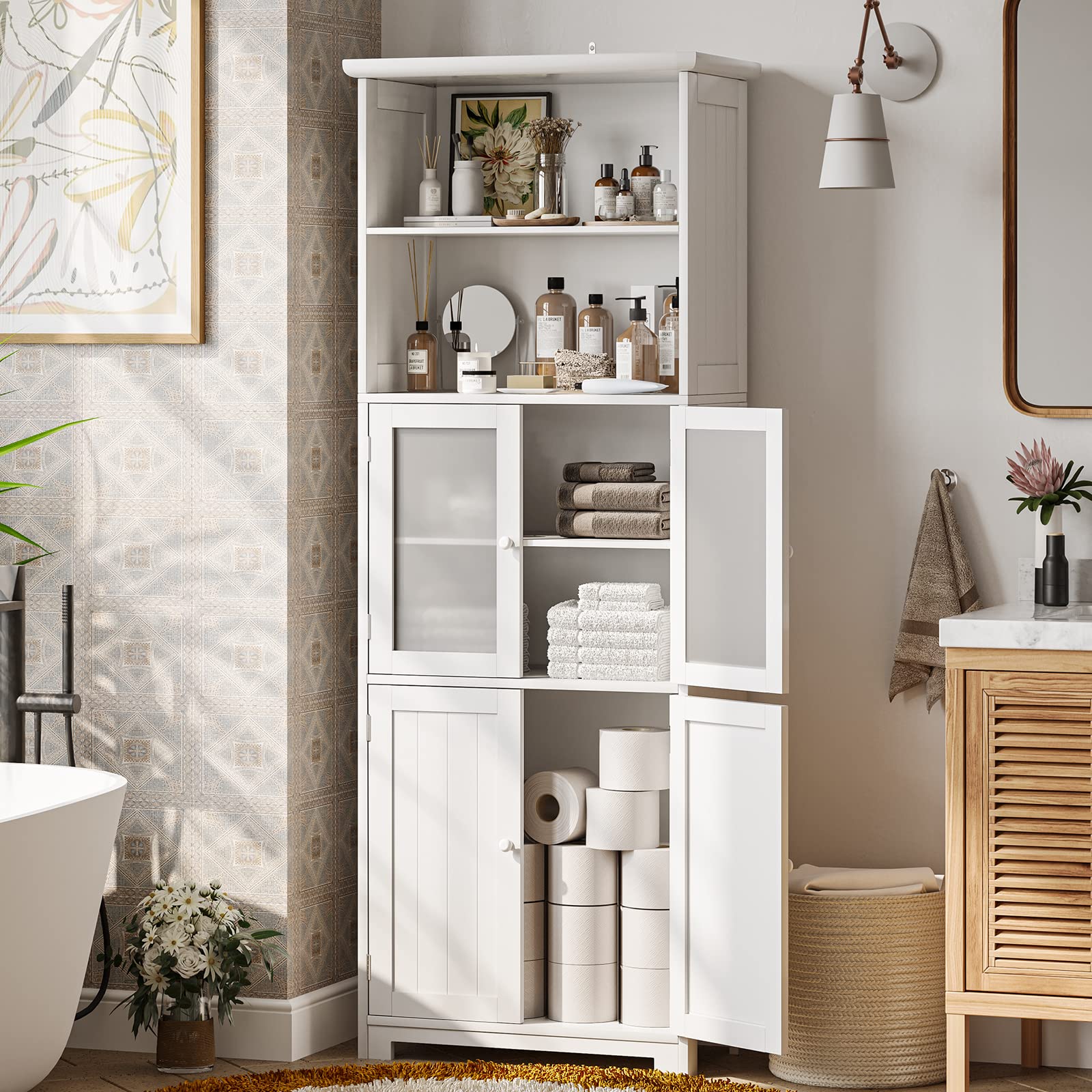 Tiptiper White Freestanding Bathroom Storage Cabinet with Adjustable Shelves & Glass Doors - 23.6