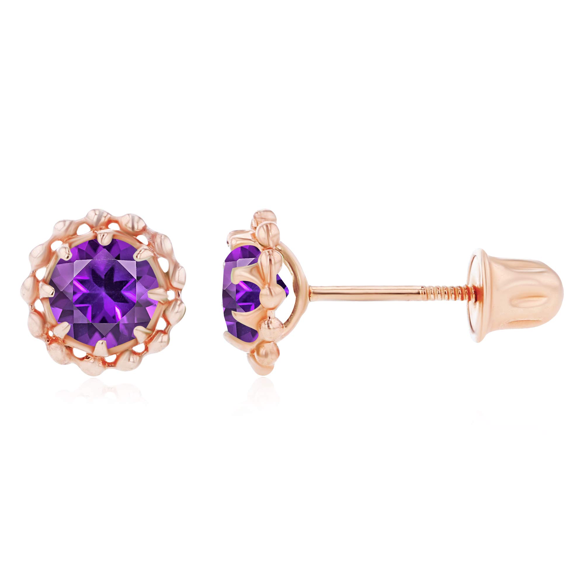 14K Gold Textured Halo Birthstone Stud Earrings for Women - 6mm Screw Back Earrings with 4mm Round Natural Birthstone | Elegant Jewelry Gift for Birthday, Anniversary & Everyday Wear