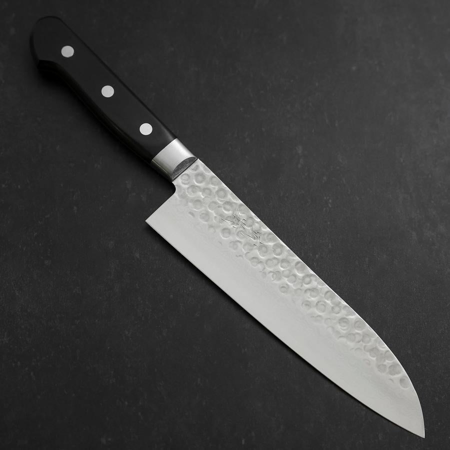 Premium Santoku Knife 180mm - VG-10 Japanese Steel, Tsuchime Damascus Blade with Western Black Handle - Perfect for Slicing, Dicing & Chopping Vegetables, Meat & Fish