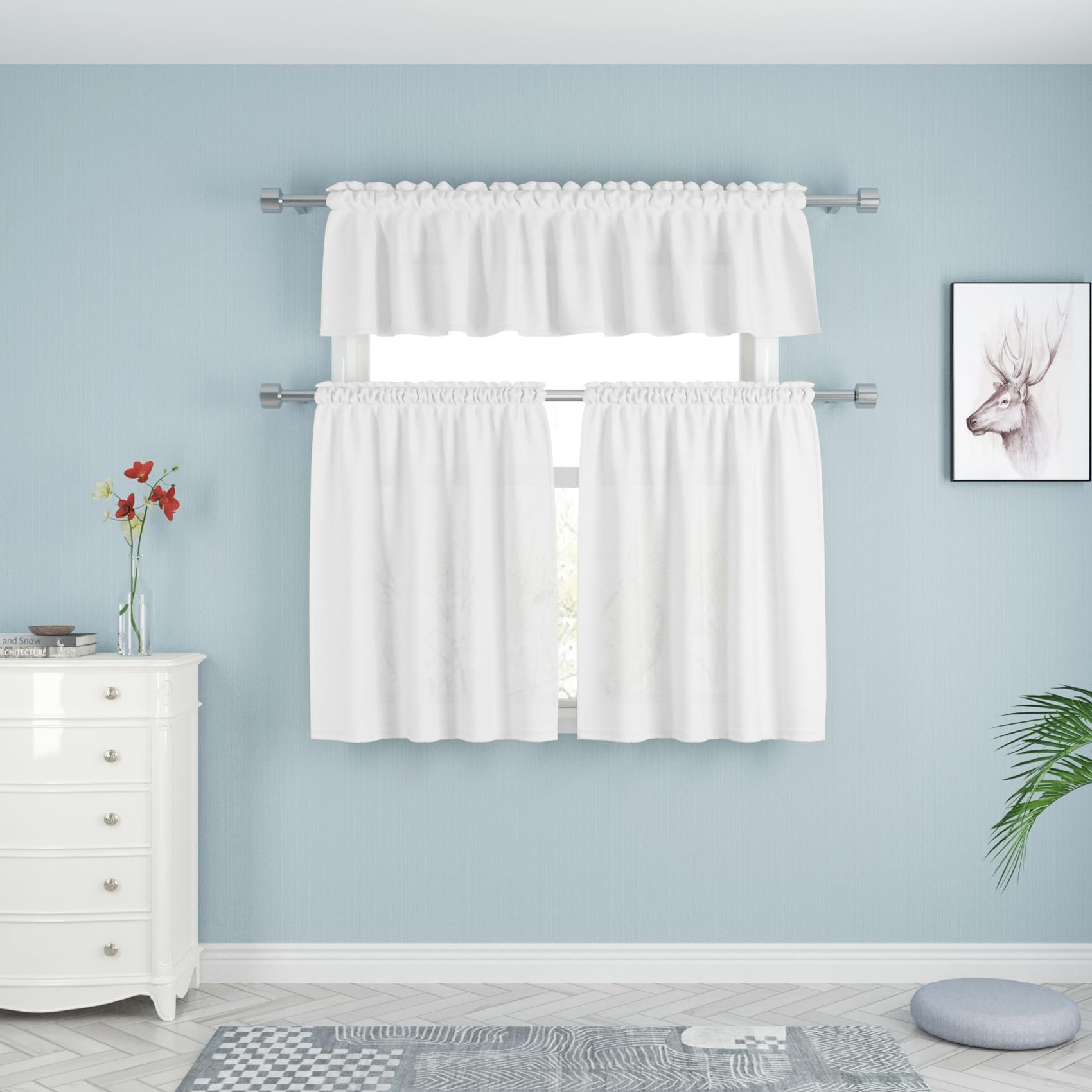 White Linen Textured Short Curtains for Kitchen & Bathroom - 2 Panels, 27