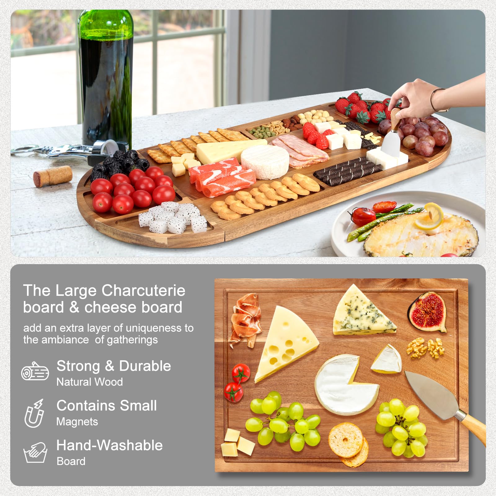 28x12 Inch Extra Large Wooden Charcuterie Board Set - 3-Piece Magnetic Cheese Serving Tray with Acacia Wood Platter for Charcuterie, Cheese & Meat | Perfect for Entertaining, Housewarming Gifts & New Home Gifts for Women