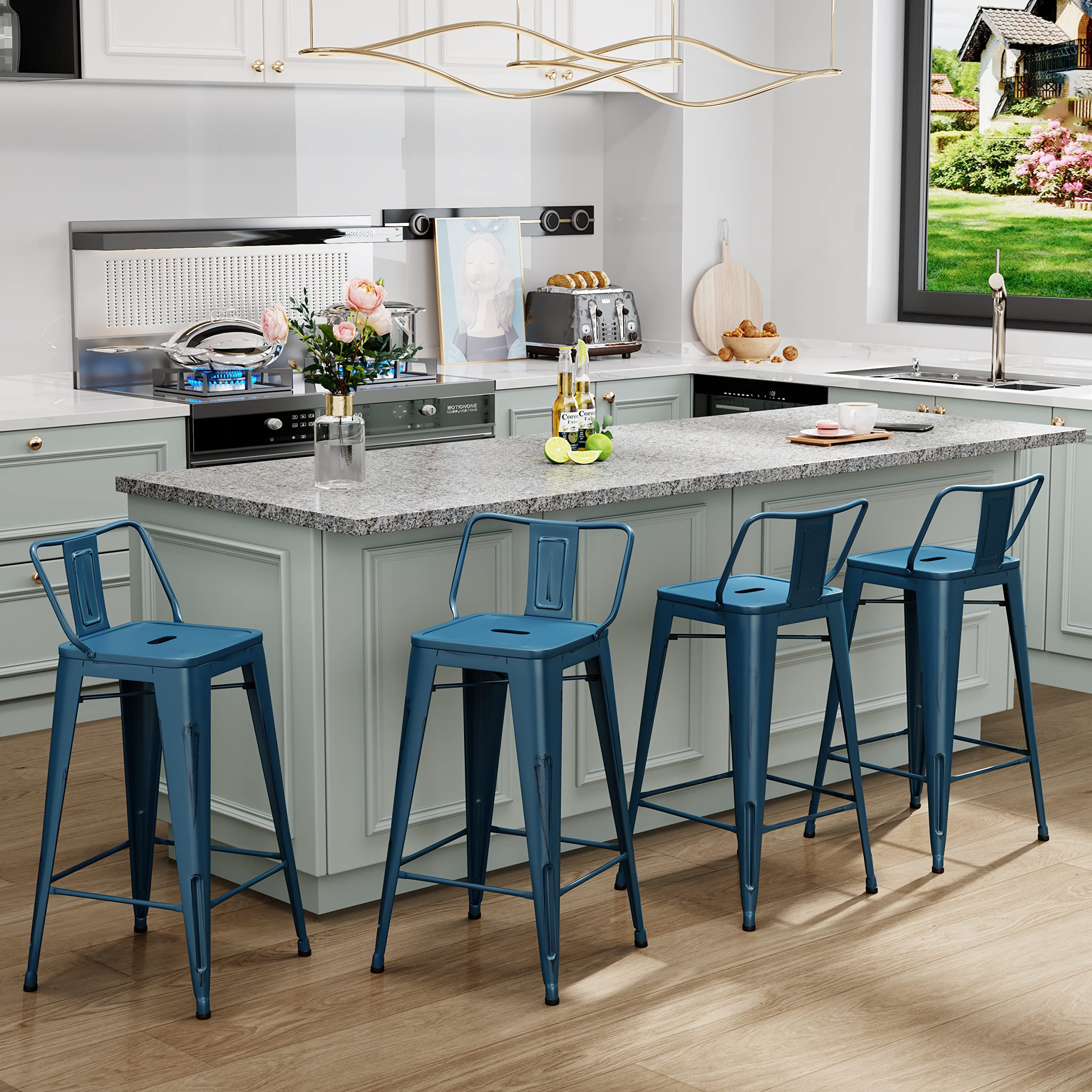 AKLAUS Industrial Metal Bar Stools Set of 4 - 30 Inch Bar Height Stools with Back, Distressed Navy Blue - Modern Kitchen & Dining Chairs for Indoor/Outdoor Use - Perfect for Home Bars, Kitchen Islands & Patio Decor