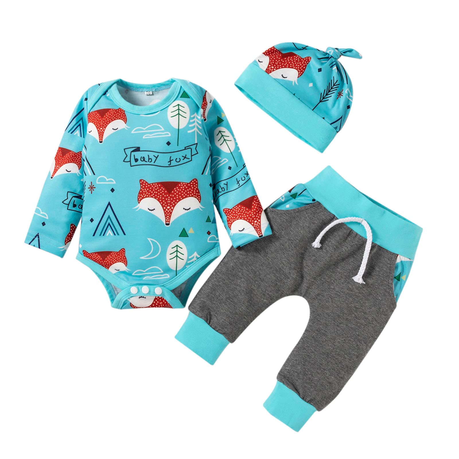 Adorable Fox Printed Baby Girl Romper Set - Long Sleeve Bodysuit + Matching Pants & Hat | Soft Newborn Infant Outfit for Photos, Playdates & Special Occasions