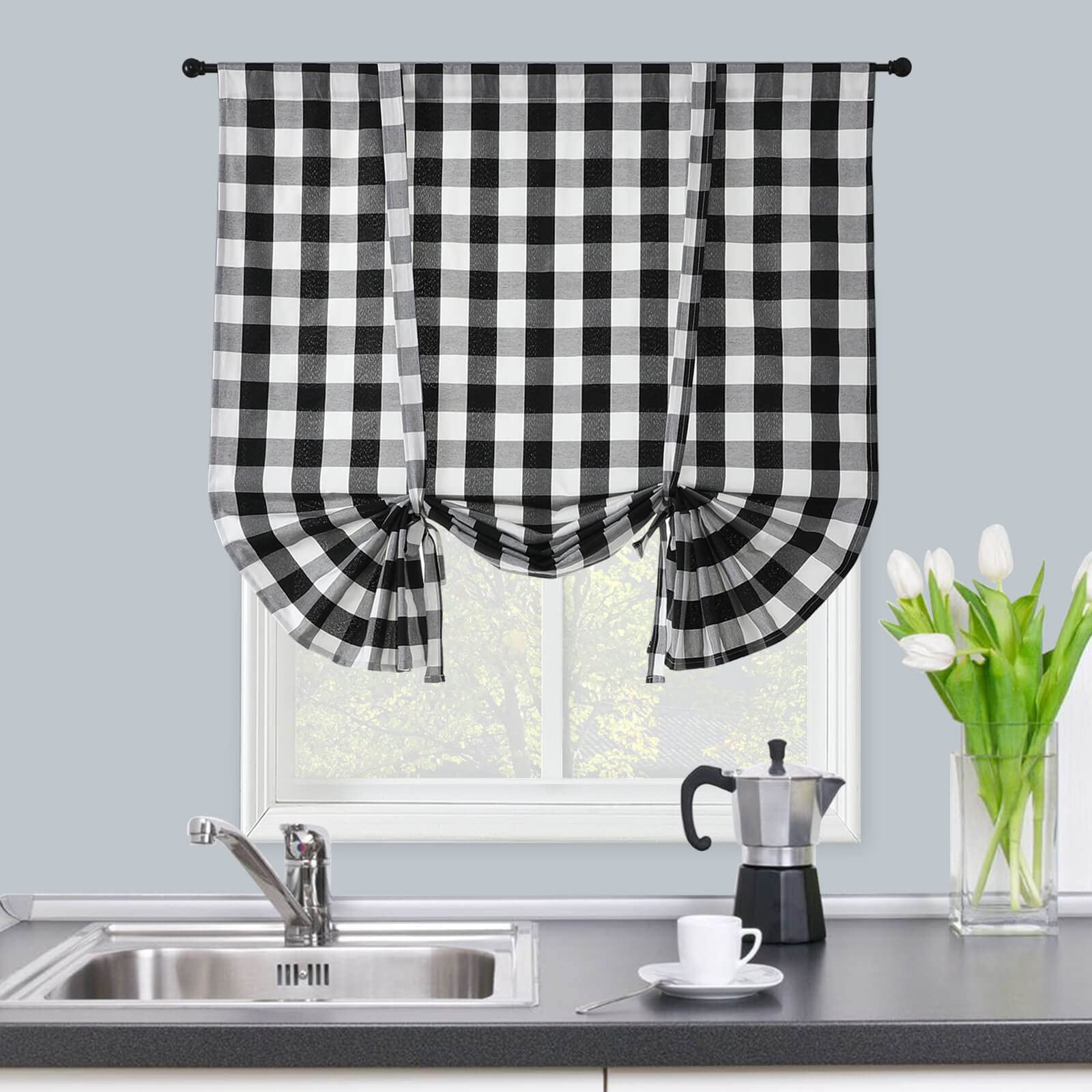 Buffalo Plaid Blackout Curtains 63 Inches - Black & White Checkered Kitchen Window Valance, Farmhouse Rustic Linen Gingham Balloon Roman Shades for Dining Room & Small Windows (1 Panel) - Perfect for Cozy Farmhouse Kitchens, Rustic Dining Rooms & Sunlit Windows