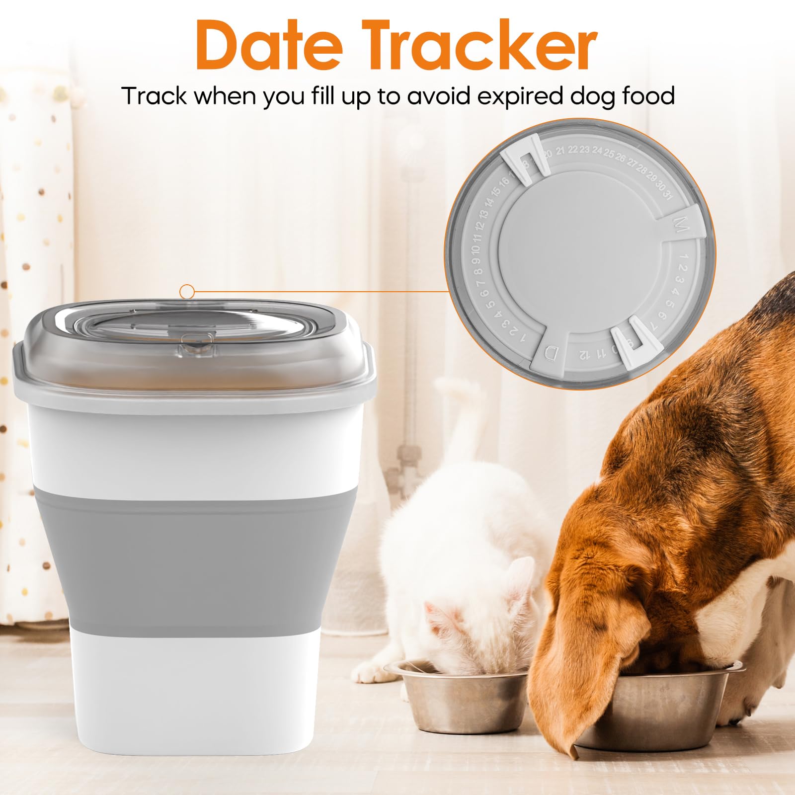30-35Lbs Collapsible Dog Food Storage Container with Airtight Lid - Clear Pet Food Bin with Wheels, Date Tracker & Scoop - Perfect for Dry Kibble, Rice Storage & Bulk Pet Food Organization (35LB Capacity)
