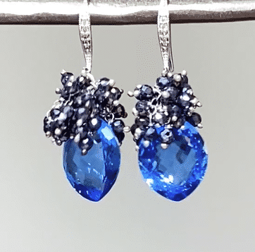 Blue Topaz and Black Spinel Cluster Earrings - Sterling Silver Jewelry for Women | Elegant Dangle Earrings for Party, Wedding & Evening Wear