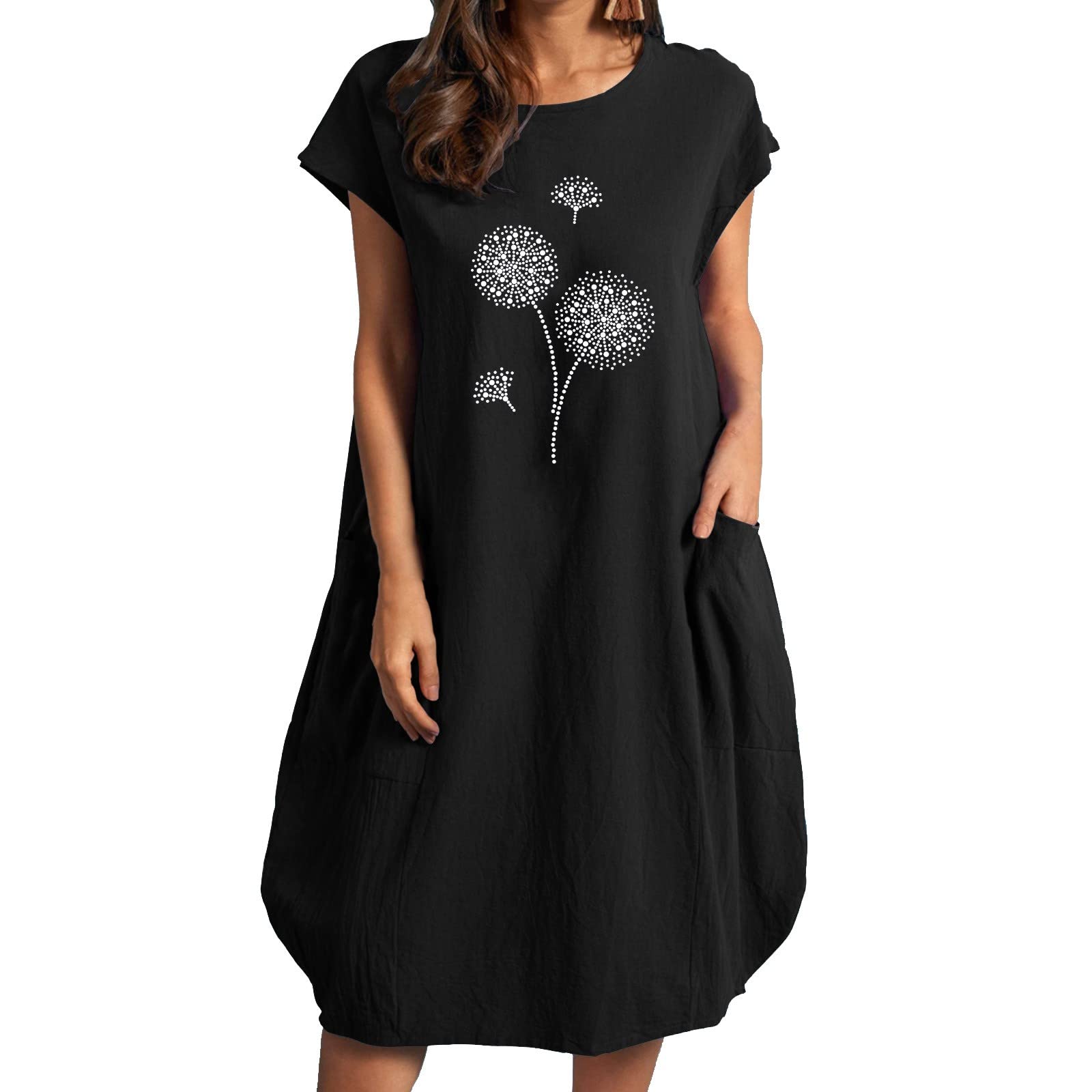 Women's Dandelion Print Loose Short Sleeve Summer Dress - Casual Round Neck Beach Dress for Outdoors, Vacation & Summer Parties