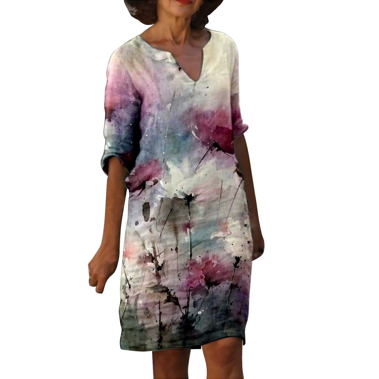 2022 Women's Vintage Print Summer Dresses - V Neck Medium Length Half Sleeve Casual Dress for Daily Wear | Perfect for Beach, Vacation & Outdoor Activities