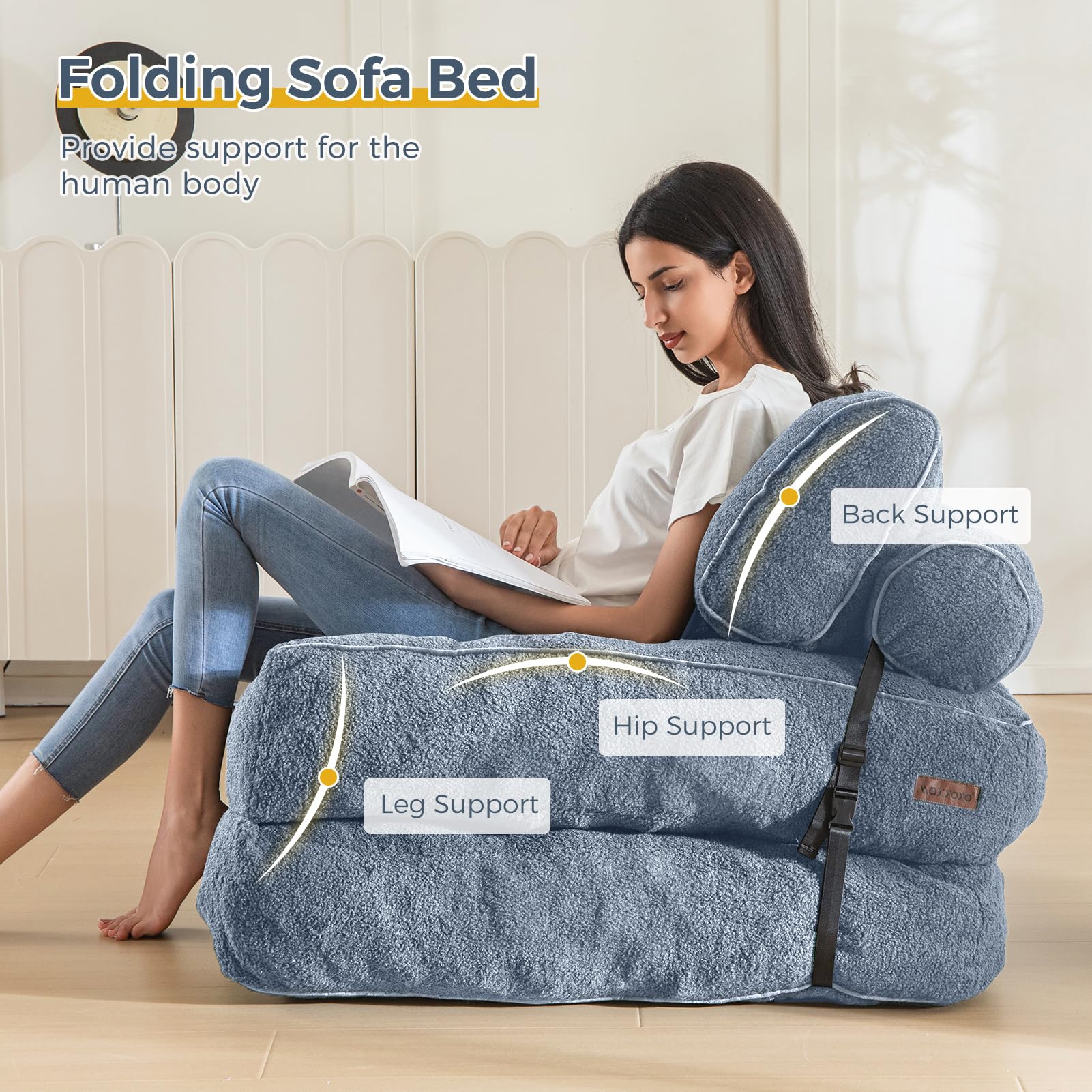 MAXYOYO Fuzzy Sofa Bed - Convertible Sleeper Chair with Pillow in Dusty Blue | Comfortable Foldable Couch for Small Spaces, Guest Room & Apartment Living