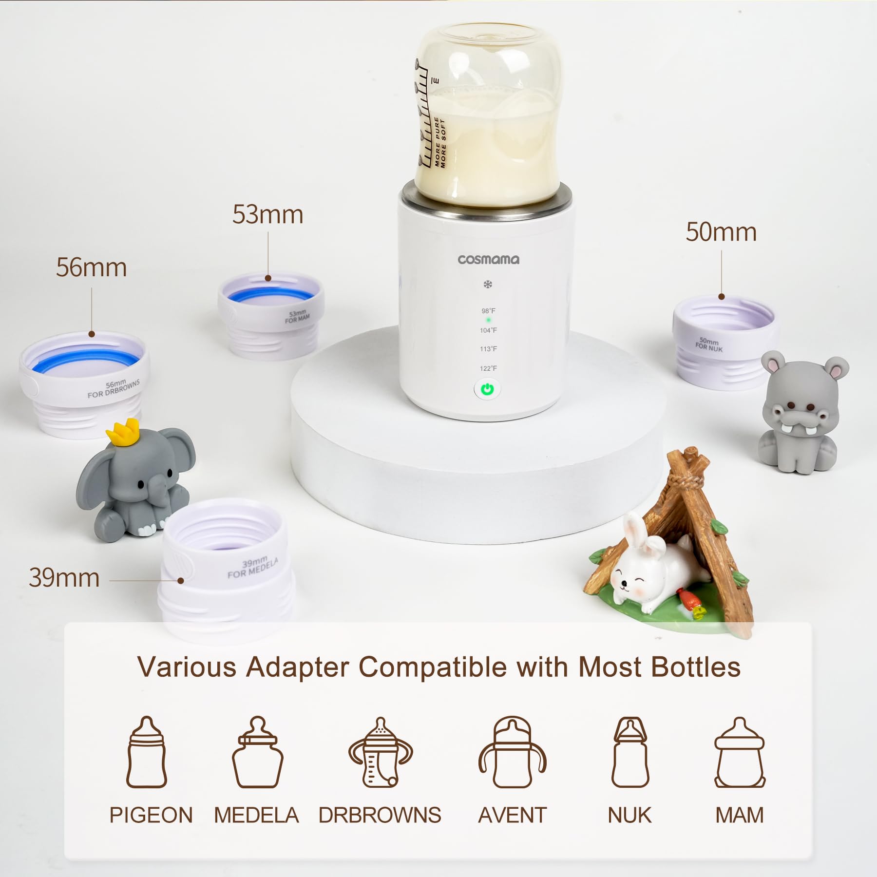 Portable Baby Bottle Warmer for Travel - Rechargeable Breast Milk & Formula Warmer with 4 Adapters & Precise Temperature Control | Perfect for On-the-Go Parents, Daycare, Road Trips & Airplane Travel