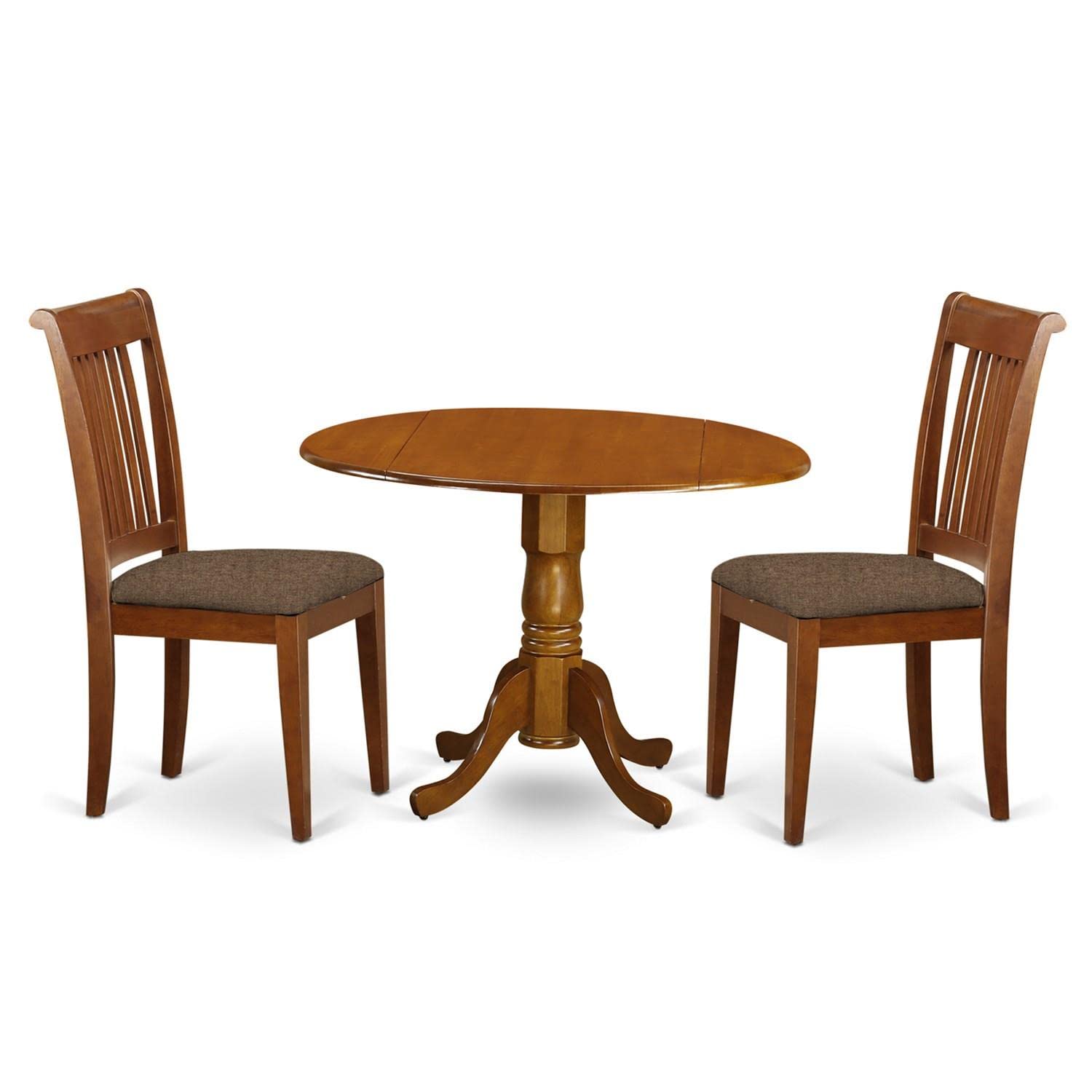 East West Furniture DLPO3-SBR-C 3-Piece Round Kitchen Table Set with Drop Leaf & 2 Upholstered Dining Chairs, 42x42 Inch, Saddle Brown - Perfect for Small Spaces, Breakfast Nooks & Cozy Dining Areas