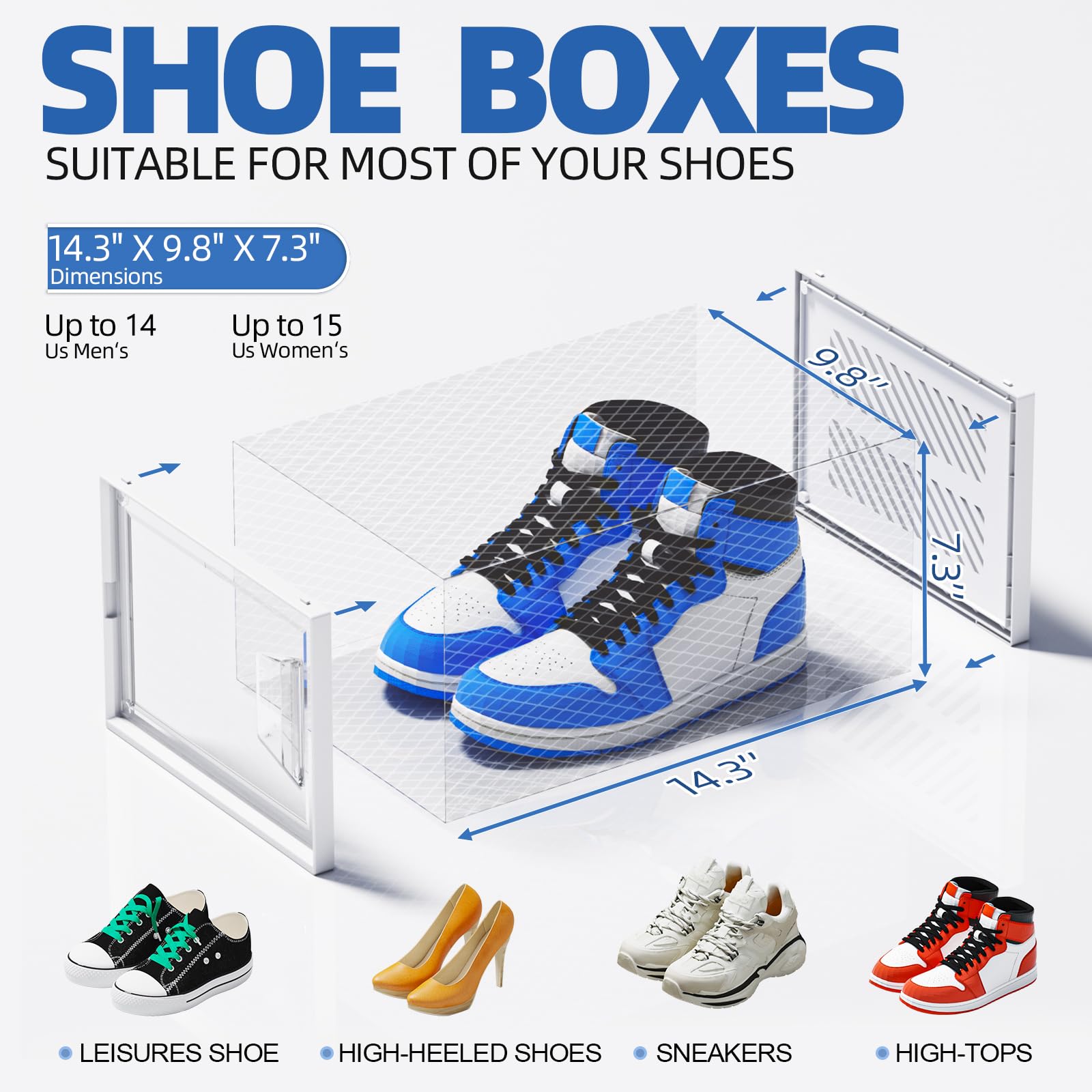 XX-Large Foldable Shoe Storage Boxes (8-Pack) - Clear Plastic Stackable Shoe Organizer for Closet | Sneaker Display Case for Sneakerheads | Boot & Shoe Rack Bin | Fits US Size 14 Men/Women | Perfect for Bedroom, Walk-in Closet & Shoe Collection Organization