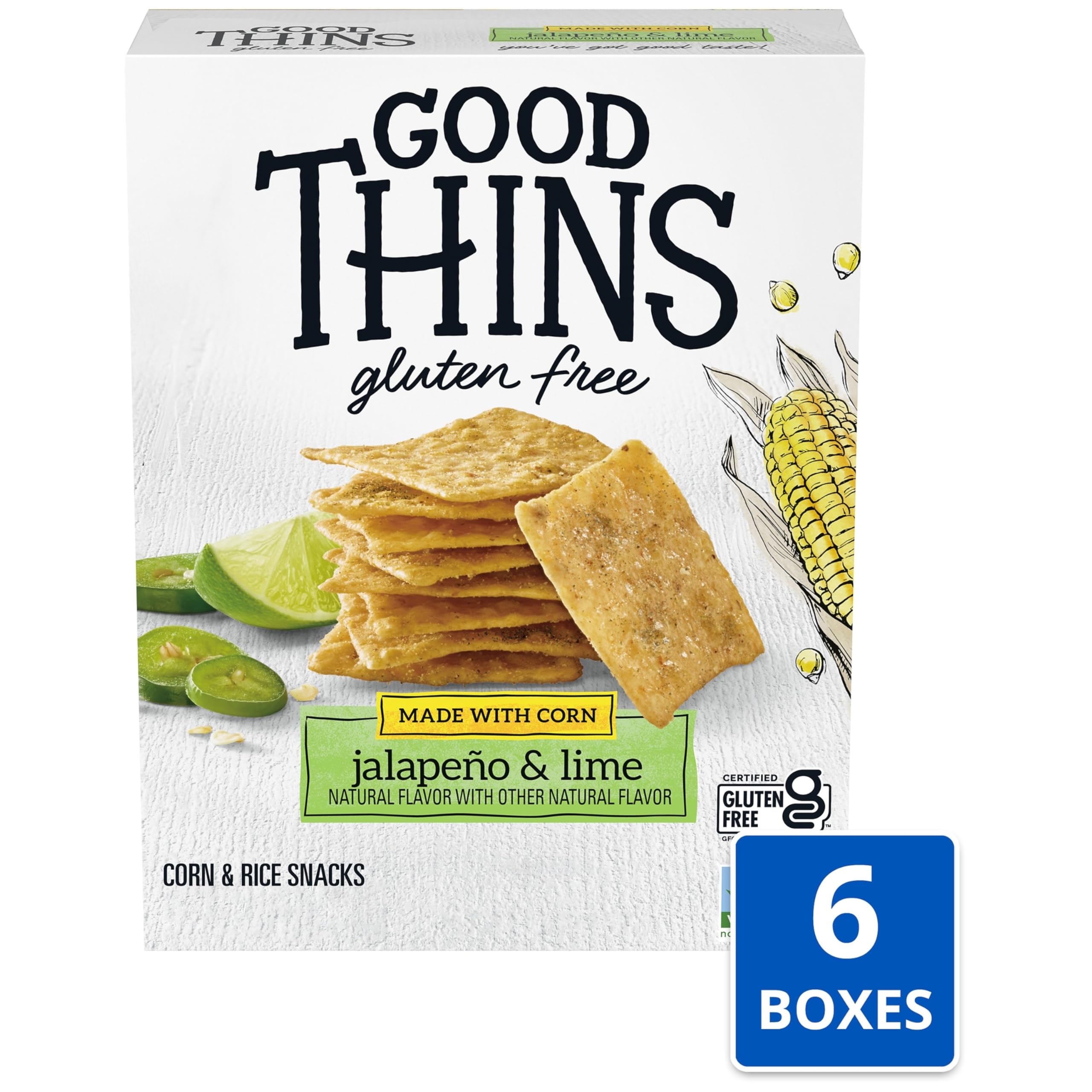 Gluten Free Jalapeño & Lime Corn & Rice Snacks - Bulk Pack of 6 (3.5 oz Boxes) | Healthy Crackers for Parties, School Lunches & On-the-Go Snacking