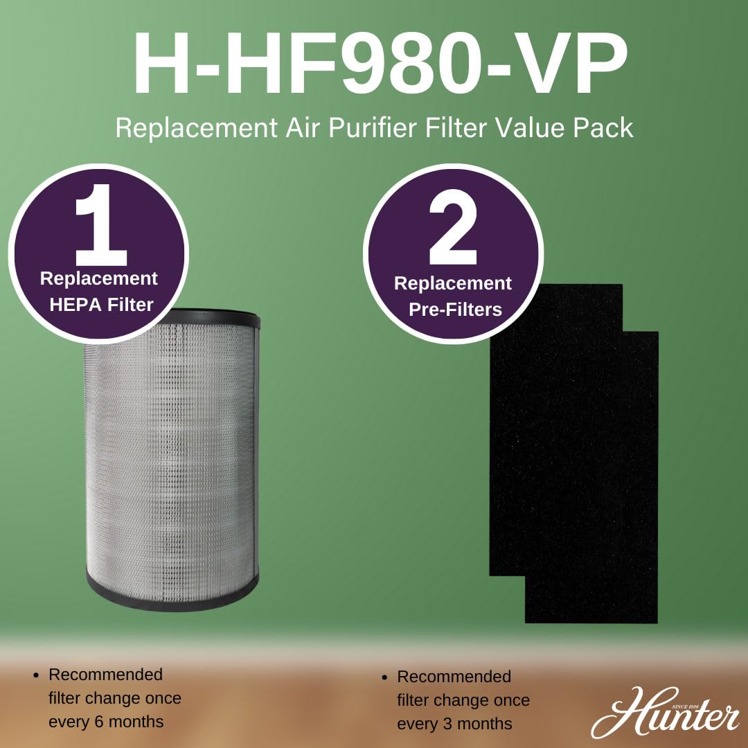 Hunter Fan Company H-HF980-VP Replacement Air Purifier Value Pack - 3-Piece HEPA Filter Set for Hunter HP980 | Cleaner Air for Home, Office & Bedroom