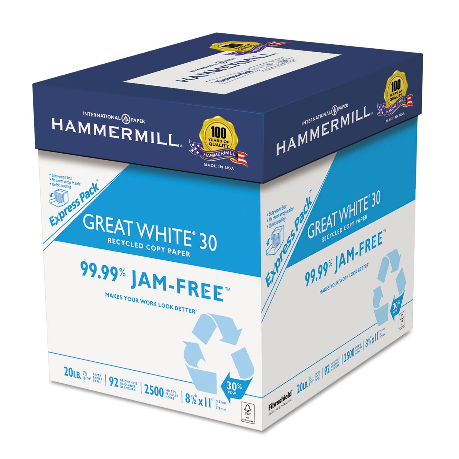 Hammermill Great White 30% Recycled Printer Paper, 8.5 x 11, 1 Express Pack (2,500 Sheets), 92 Bright, Made in USA - Premium Copy Paper for Office, School & Home Printing